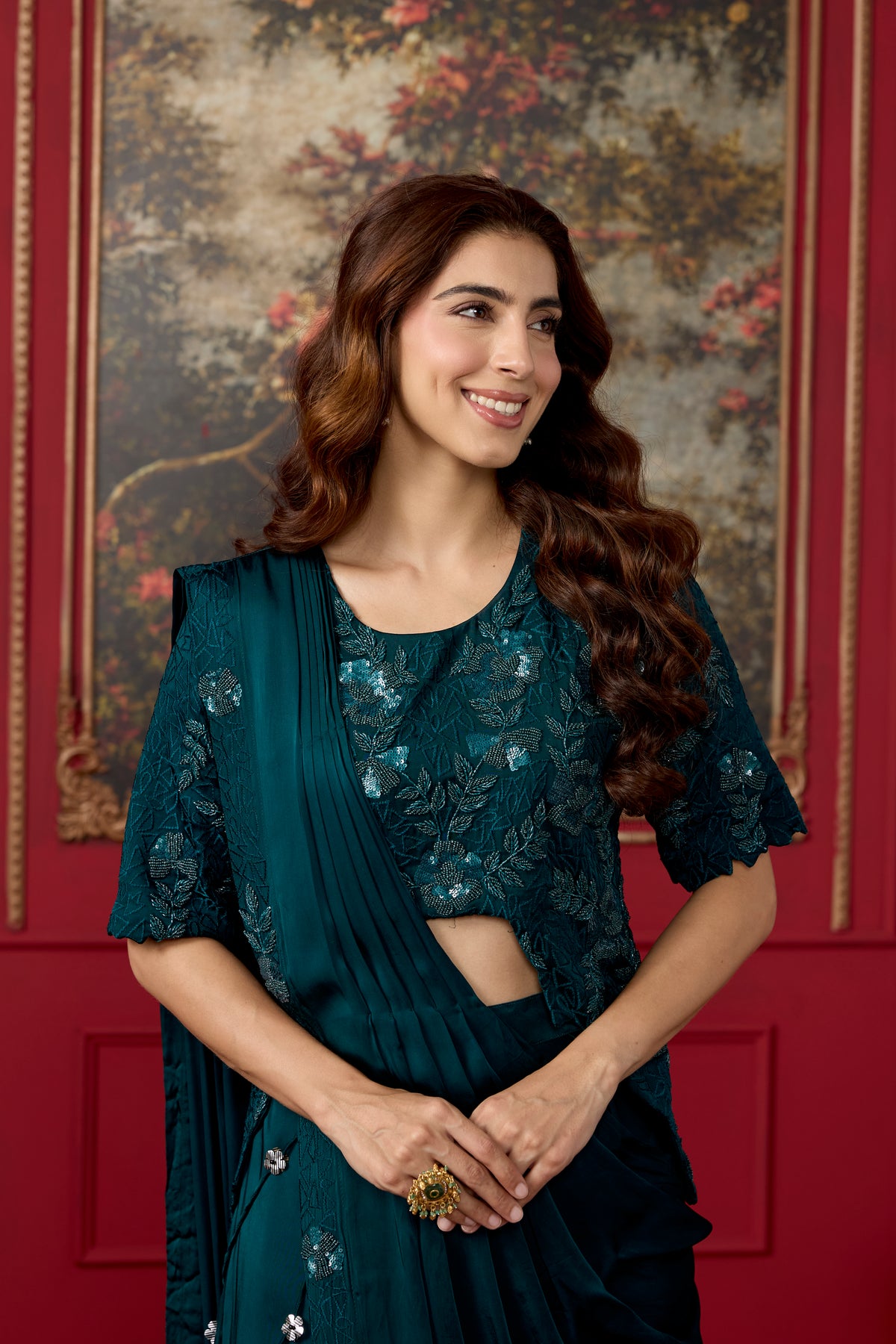 Teal Embellished Crepe Satin Silk Pre-Draped Saree