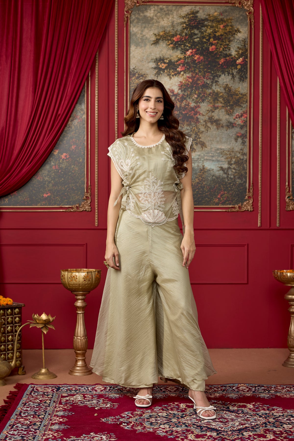 Sage Green Embellished Tissue Silk Palazzo Set