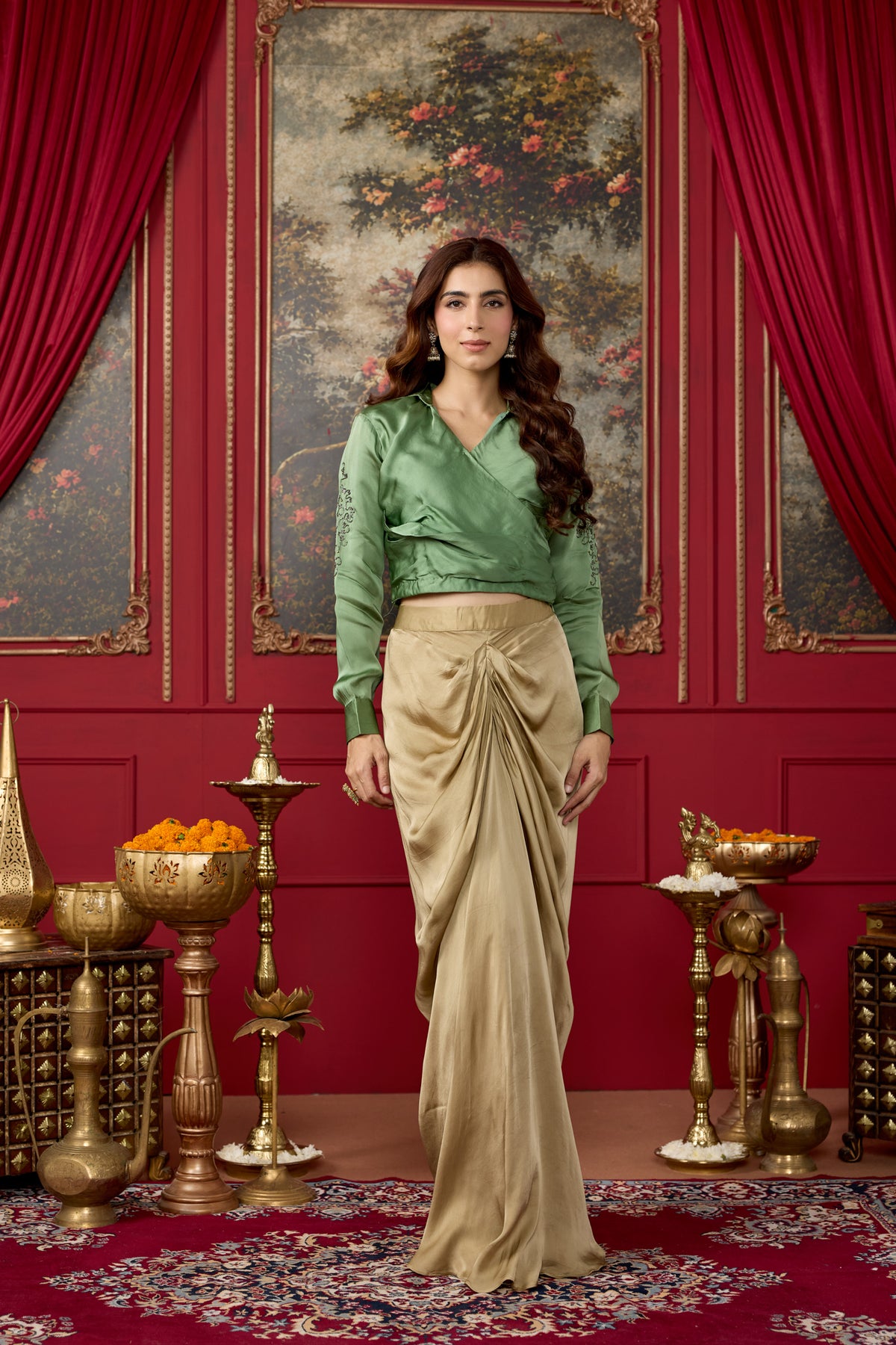 Sage Green Embellished Crepe Satin Silk Skirt Set