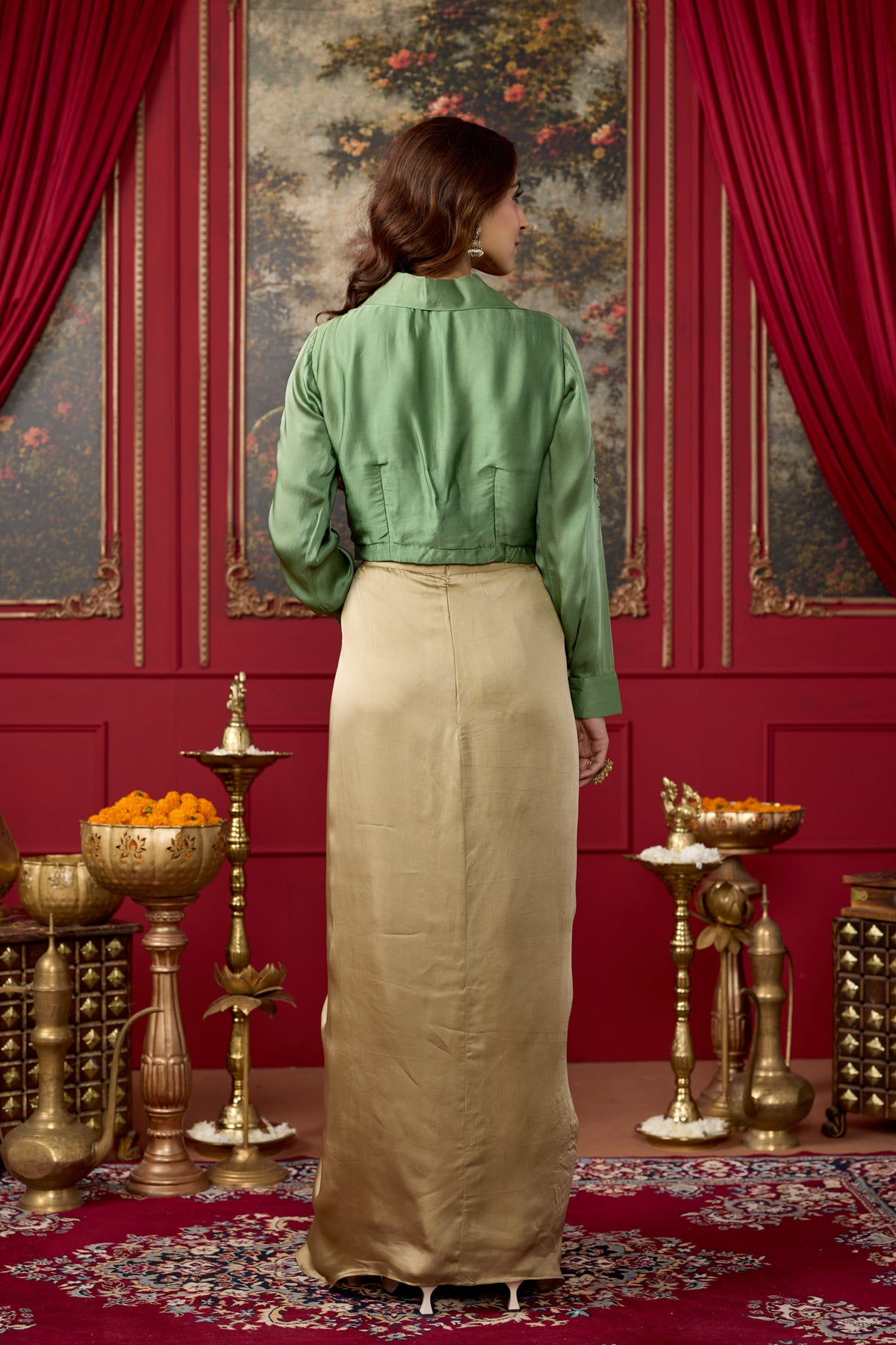 Sage Green Embellished Crepe Satin Silk Skirt Set