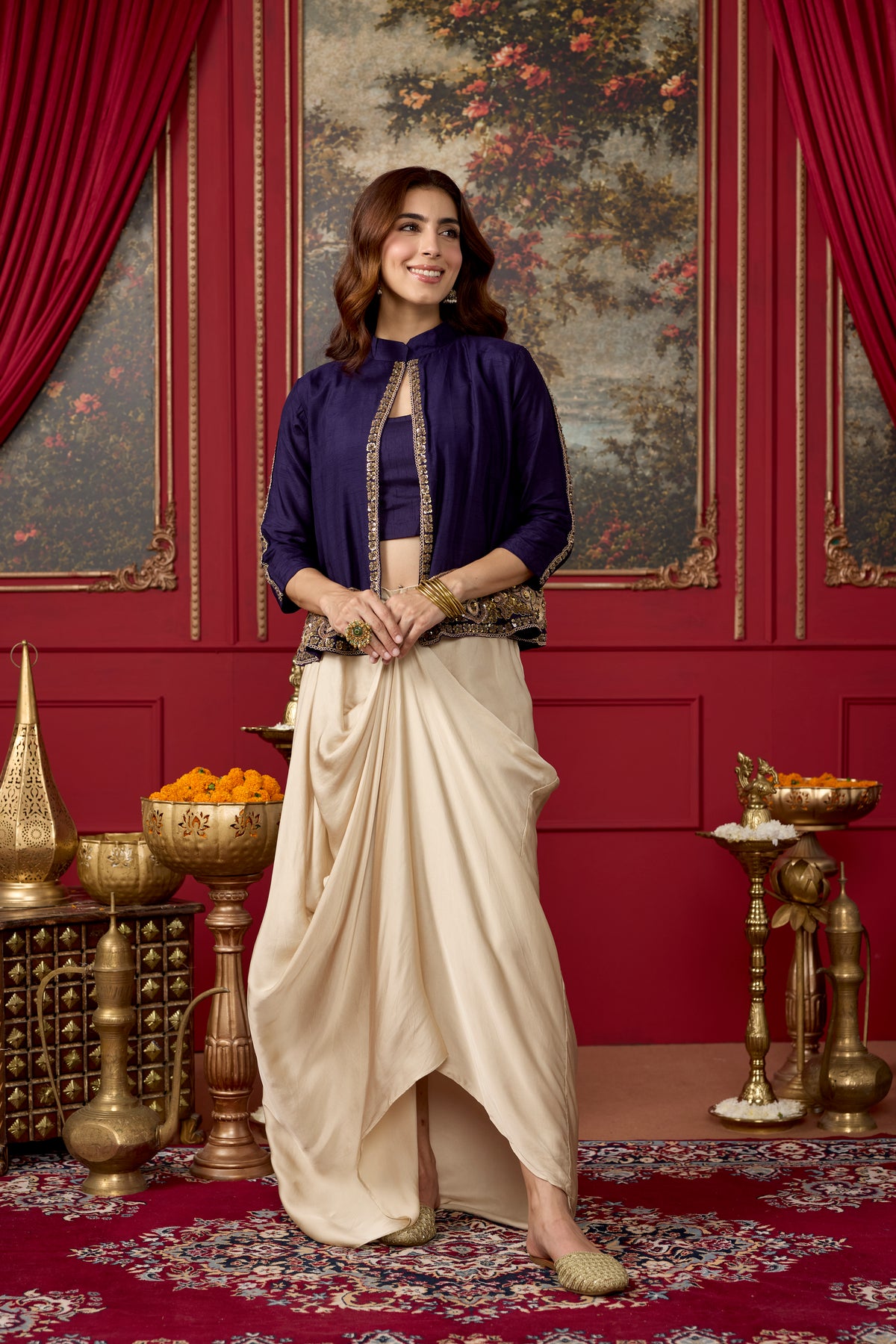 Purple Ecru Embellished Raw Silk Pant Set