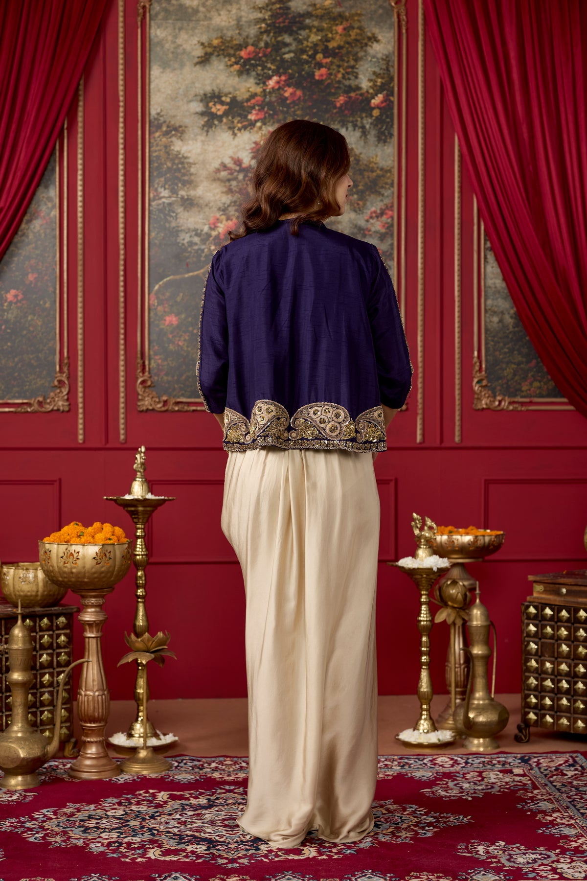 Purple Ecru Embellished Raw Silk Pant Set