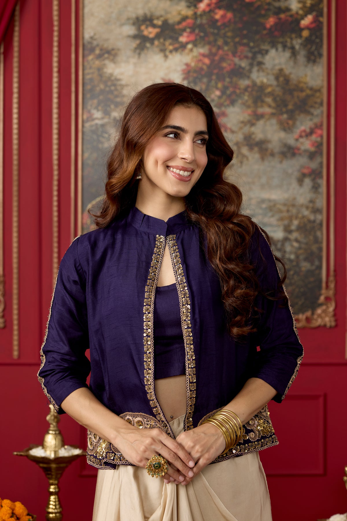 Purple Ecru Embellished Raw Silk Pant Set