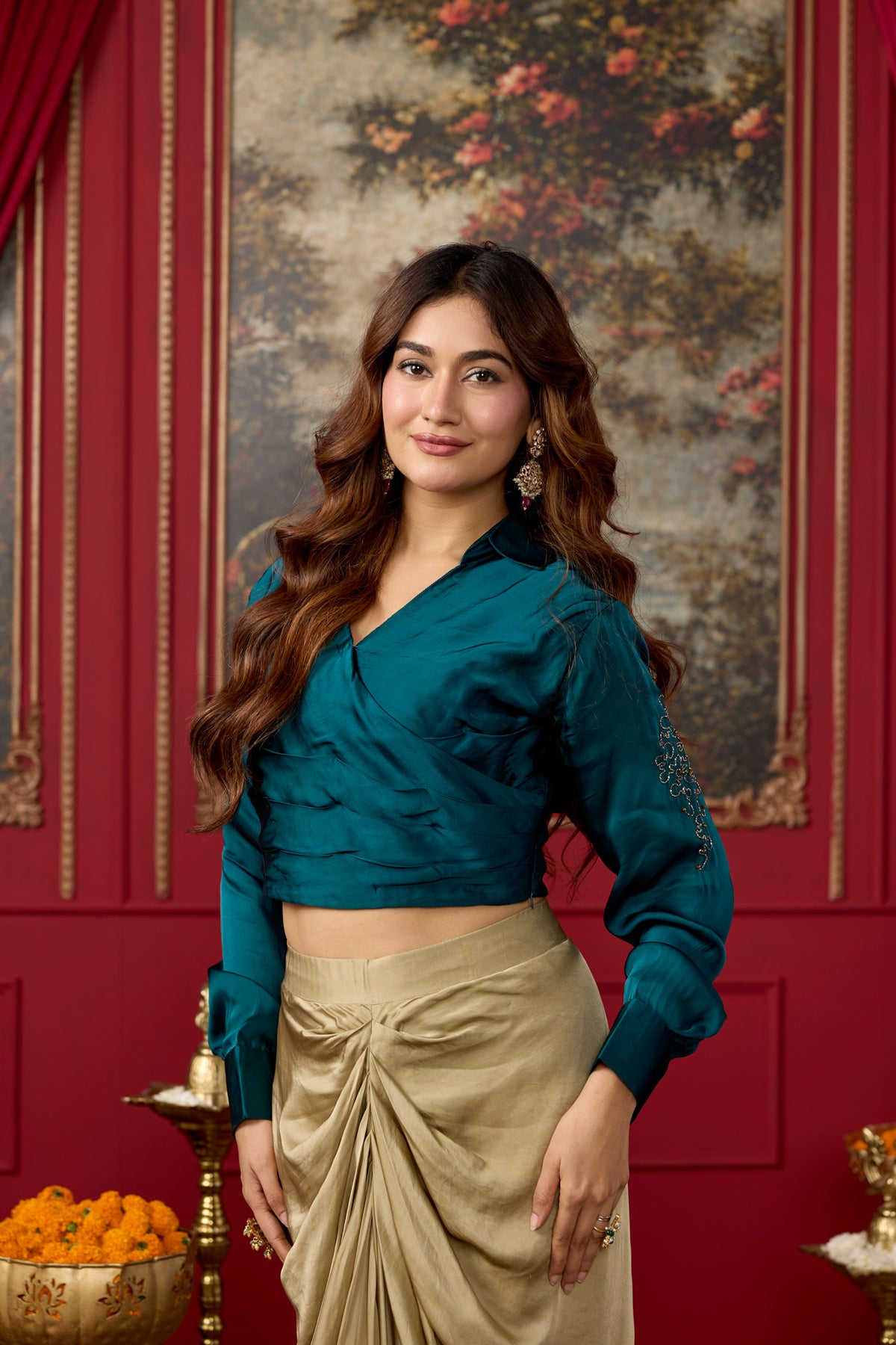 Teal Green Embellished Crepe Satin Silk Skirt Set