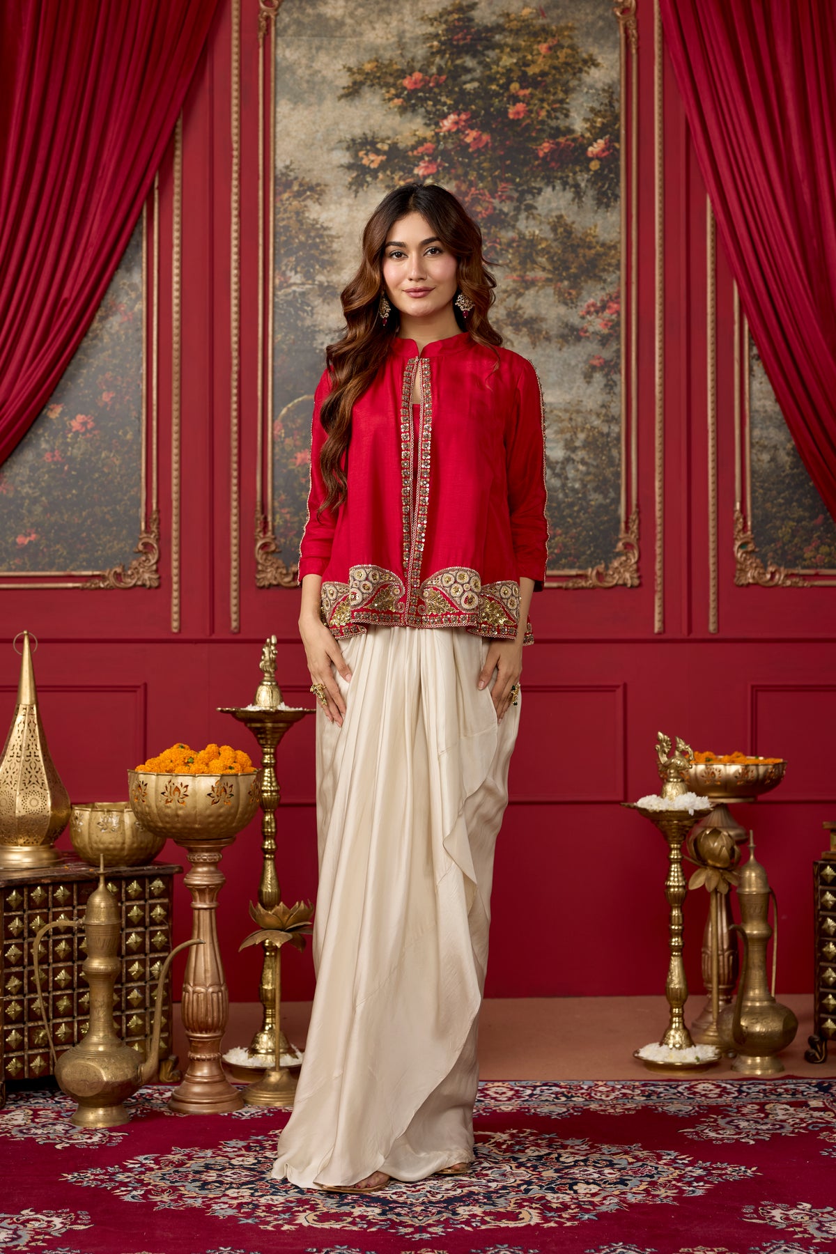 Red Ecru Embellished Raw Silk Pant Set