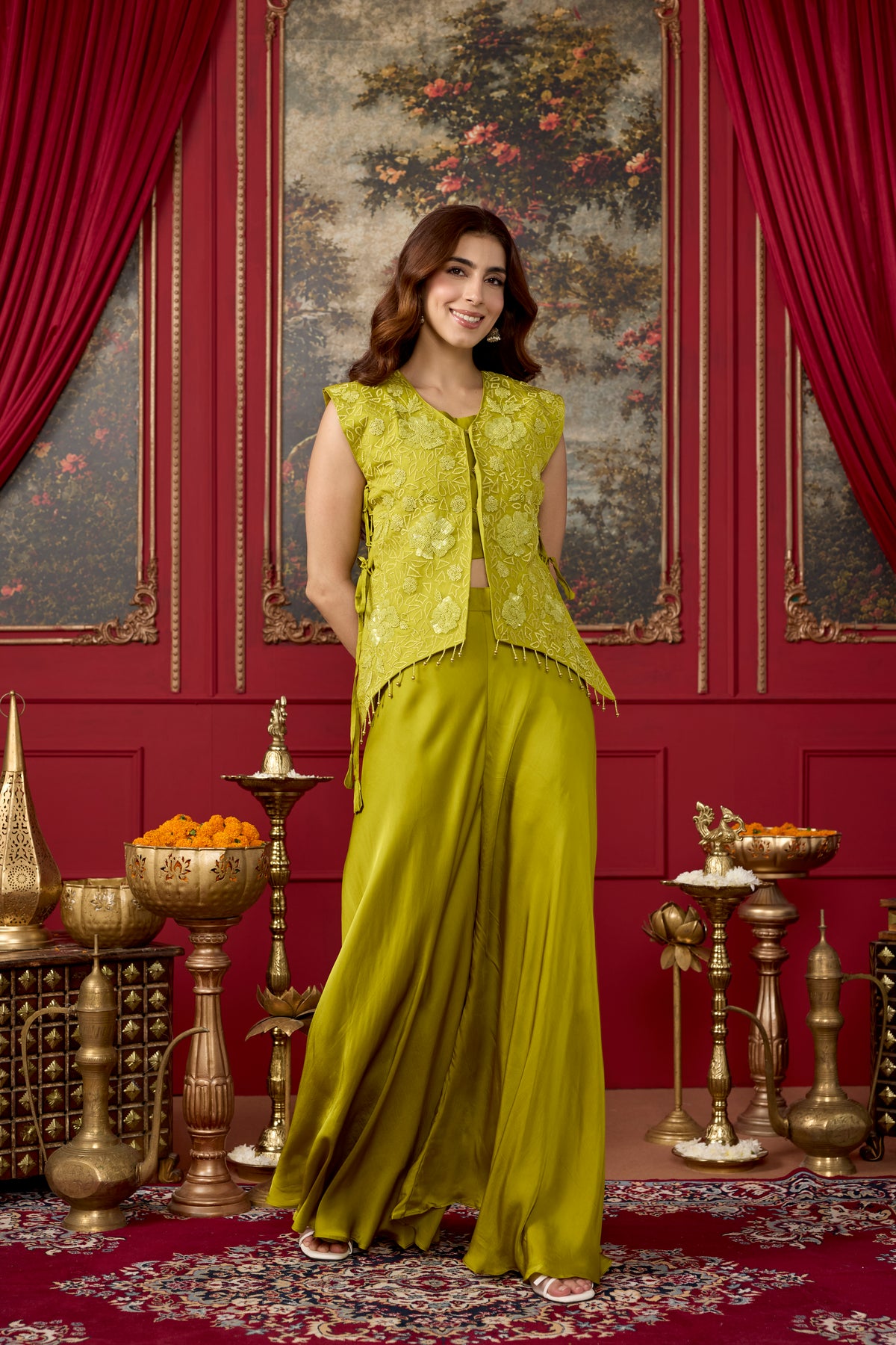 Chartreuse Embellished Satin Silk Palazzo Set