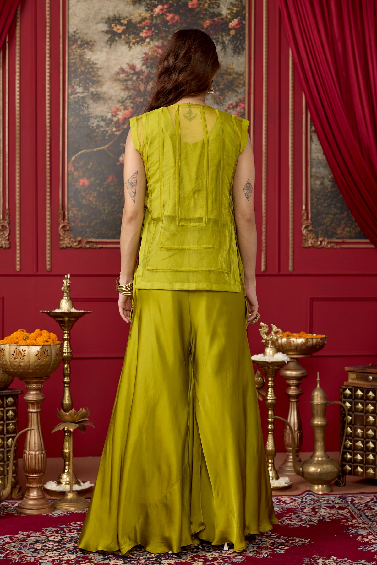 Chartreuse Embellished Satin Silk Palazzo Set