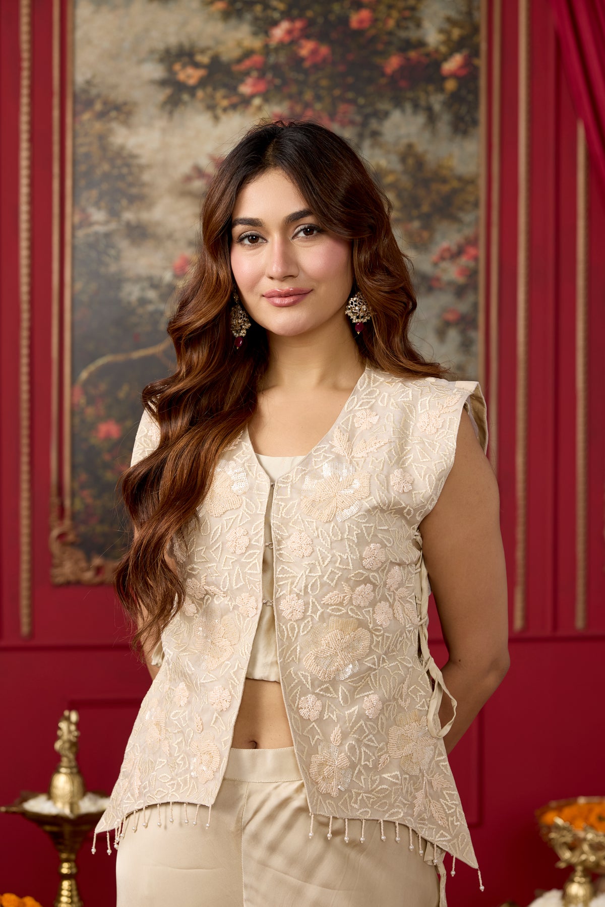 Off Beige Embellished Satin Silk Palazzo Set