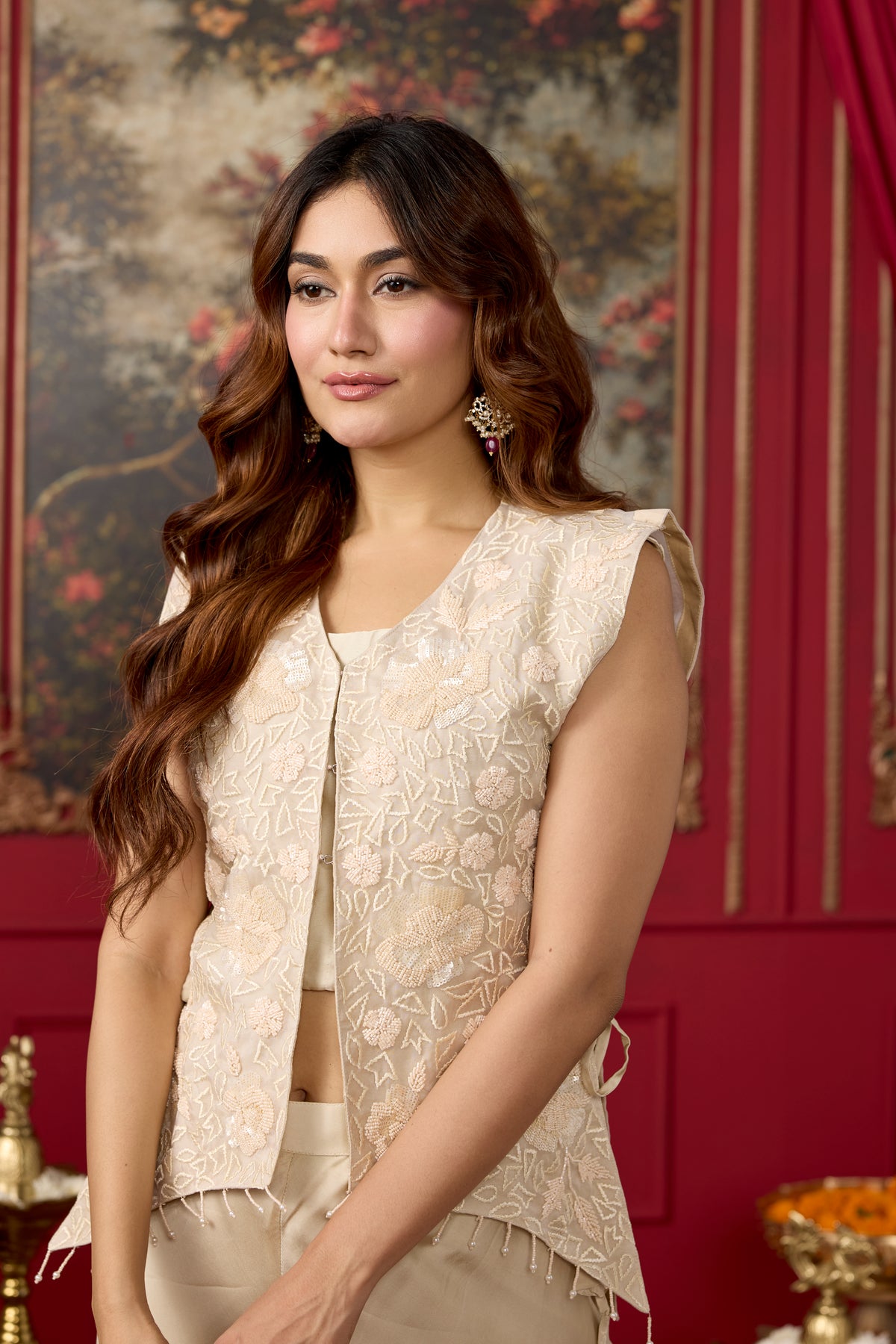 Off Beige Embellished Satin Silk Palazzo Set