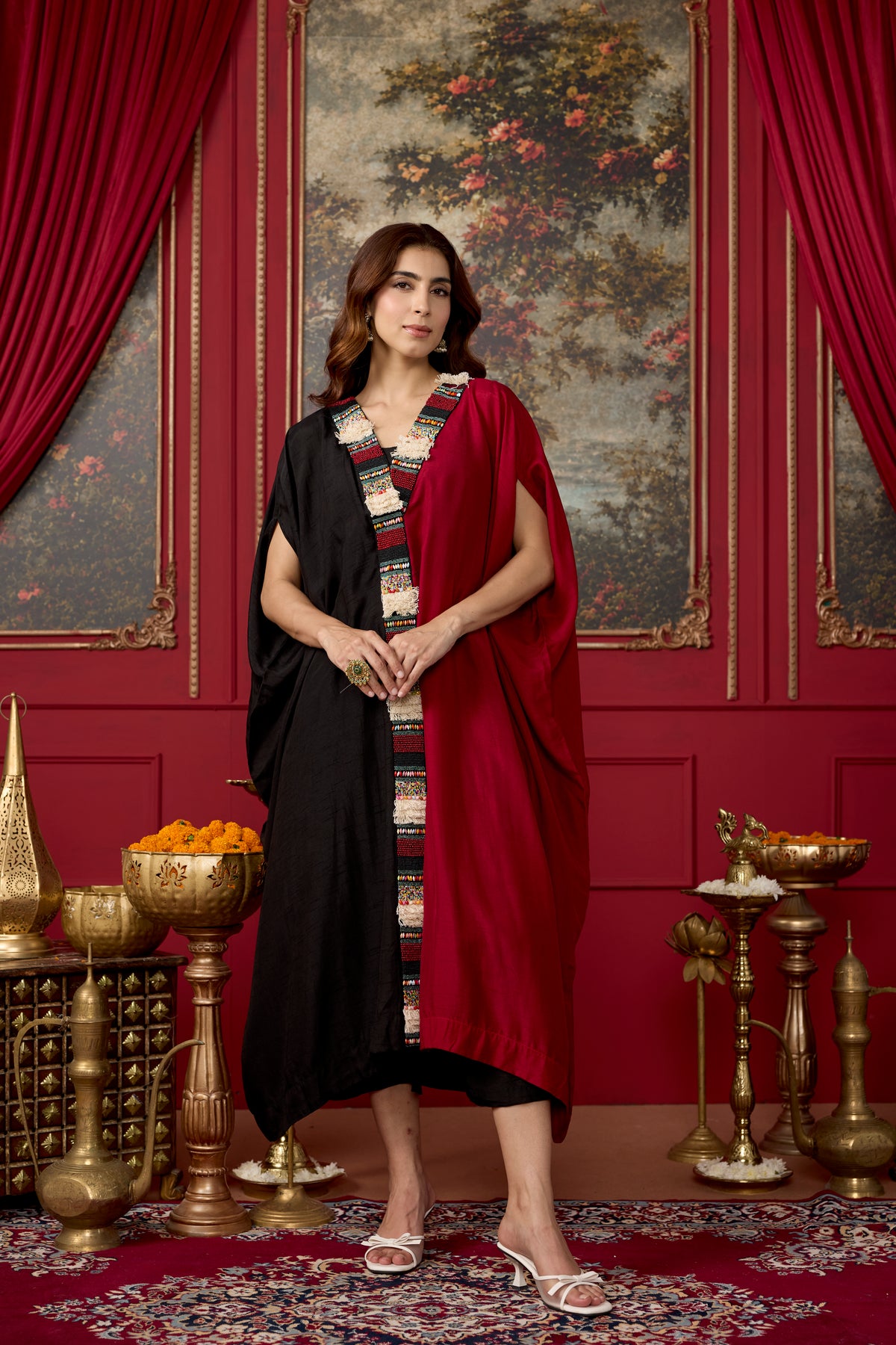 Black and Maroon Embellished Raw Silk Kaftan Set