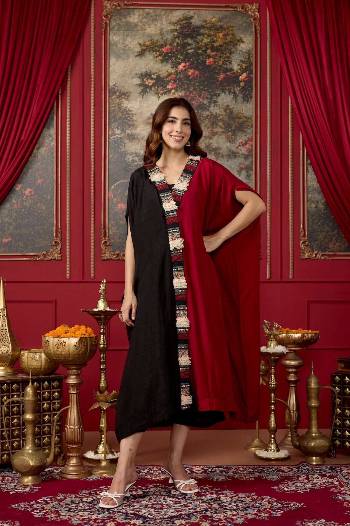 Black and Maroon Embellished Raw Silk Kaftan Set