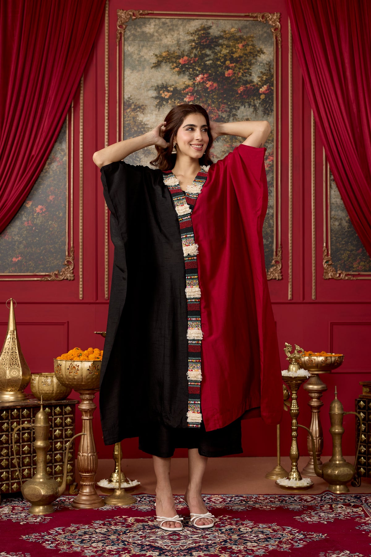 Black and Maroon Embellished Raw Silk Kaftan Set