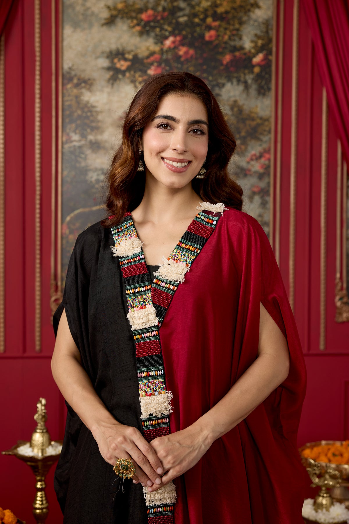Black and Maroon Embellished Raw Silk Kaftan Set