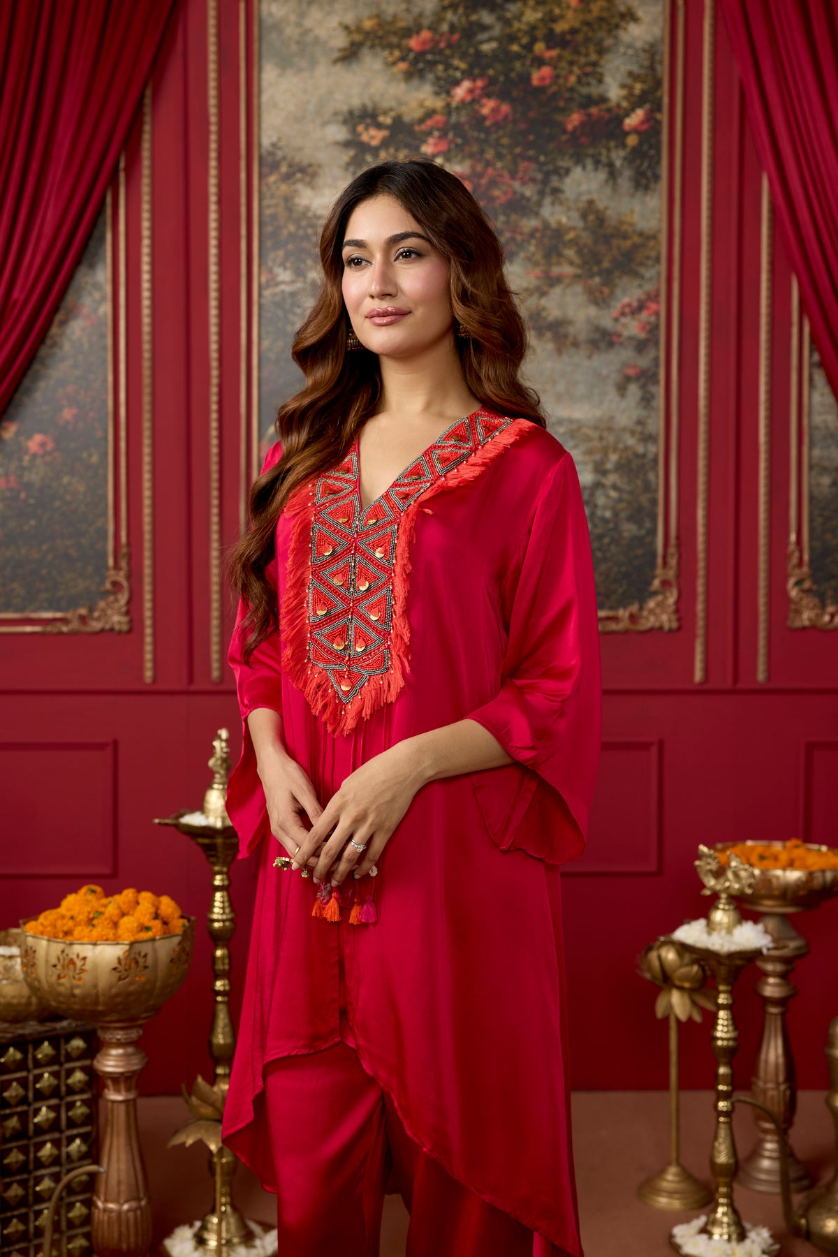 Bright Rani Pink Embellished Satin Silk Pant Set