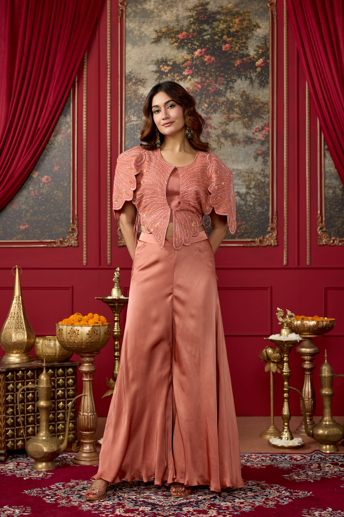 Muted Orange Embellished Crepe Satin Silk Palazzo Set