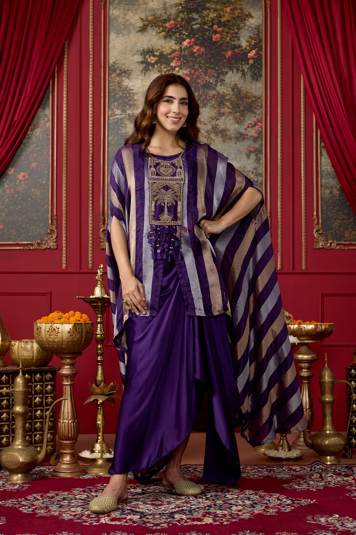 Royal Purple Embellished Crepe Silk Kaftan Set
