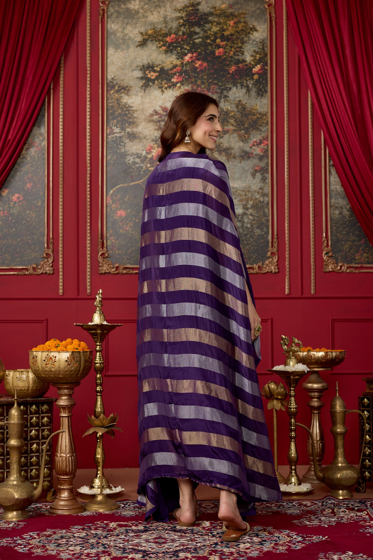 Royal Purple Embellished Crepe Silk Kaftan Set