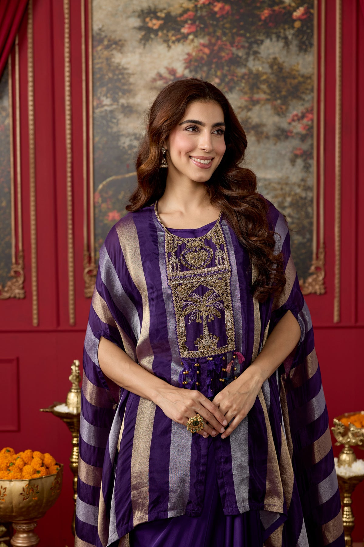 Royal Purple Embellished Crepe Silk Kaftan Set