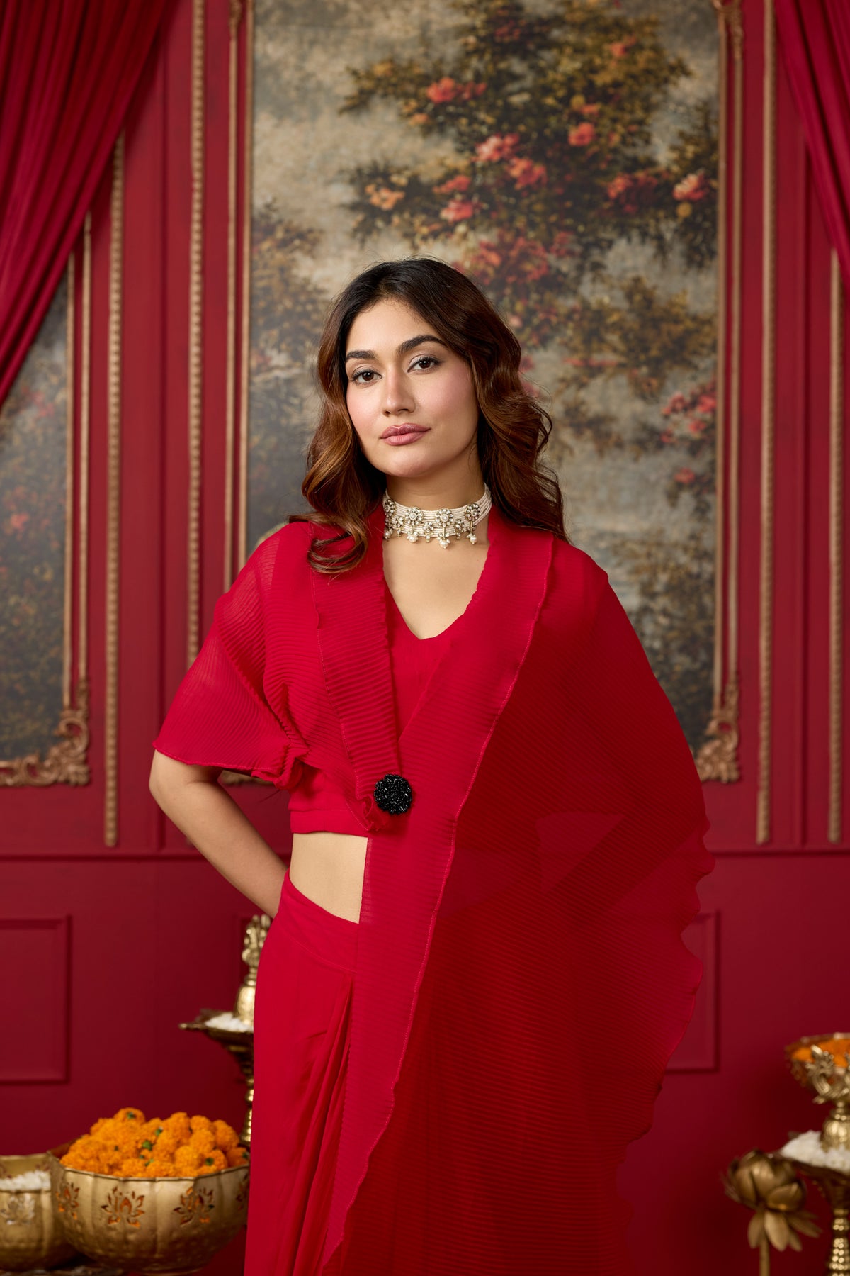 Rich Red Embellished Georgette Silk Skirt Set