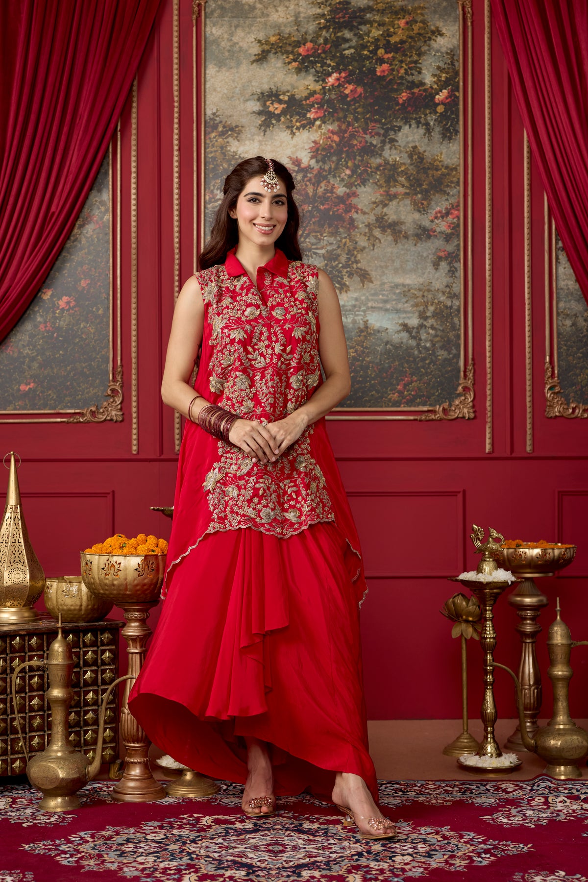 Red Chili Embellished Crepe Silk Skirt Set