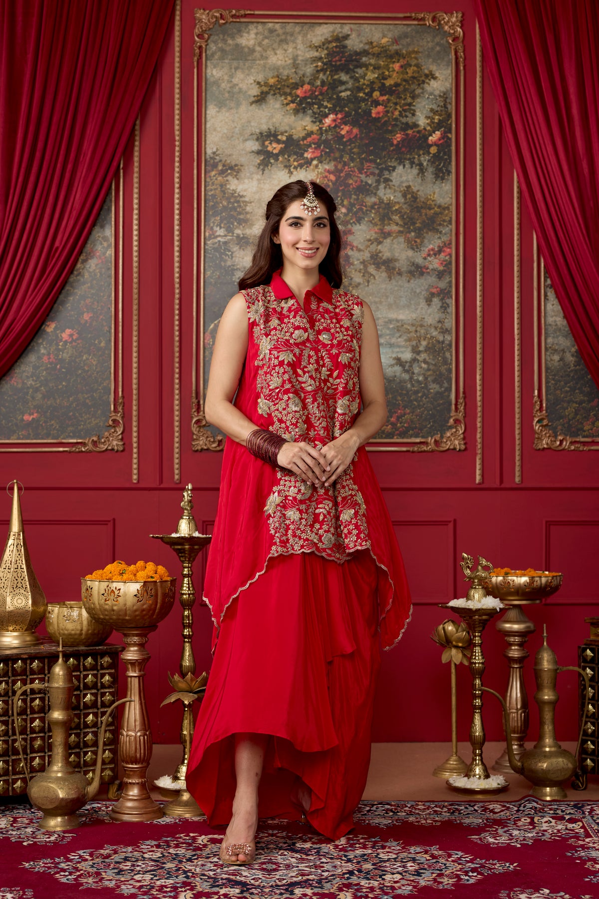 Red Chili Embellished Crepe Silk Skirt Set