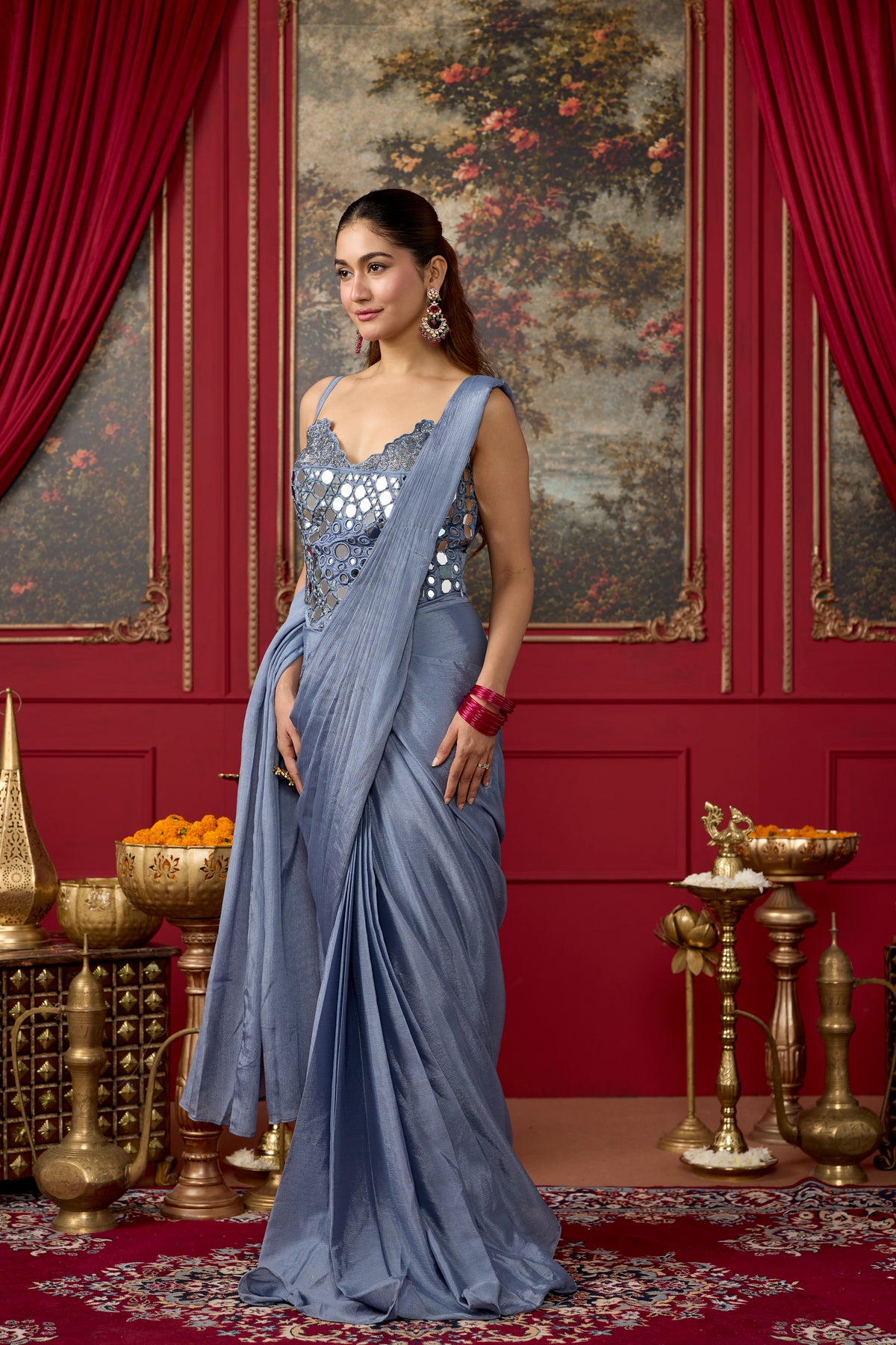 Blue Ice Embellished Georgette Silk Pre-Draped Saree