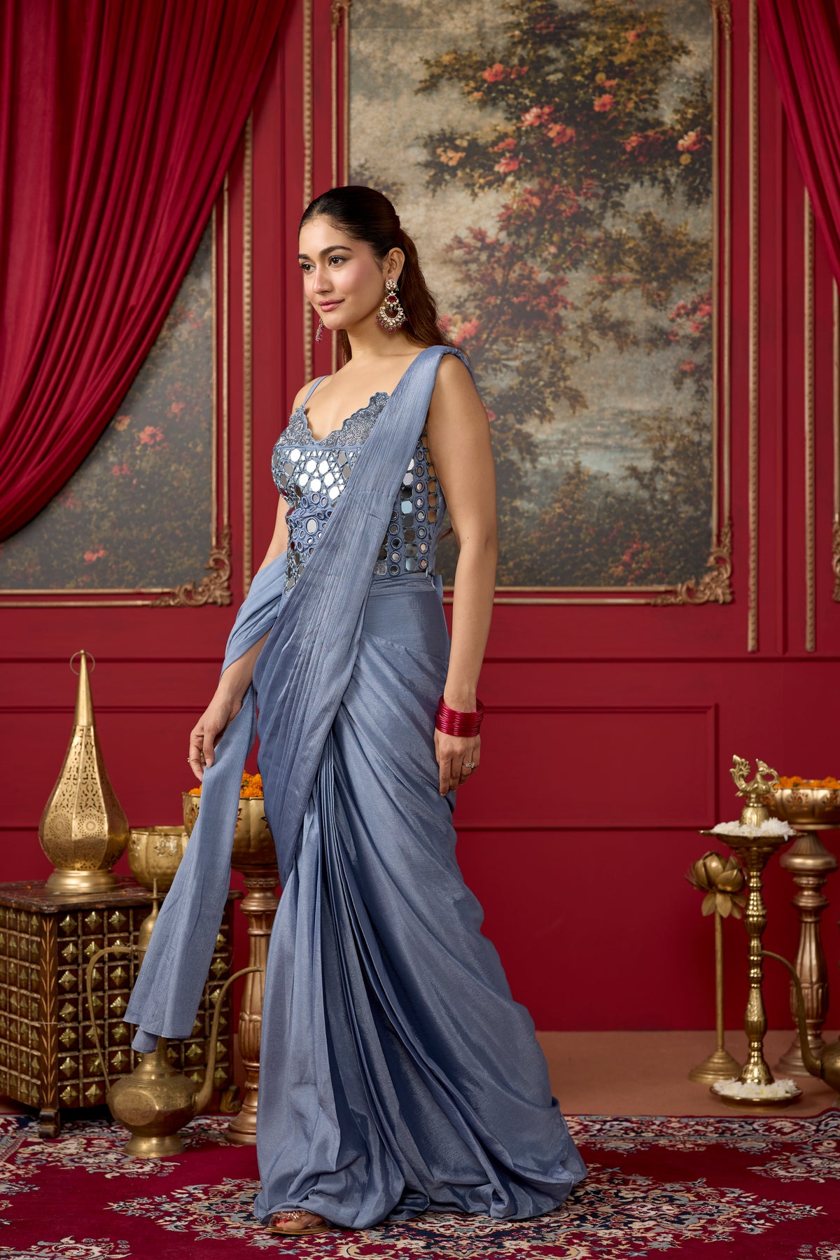 Blue Ice Embellished Georgette Silk Pre-Draped Saree