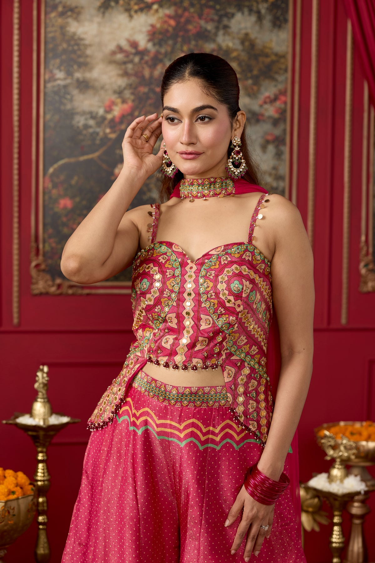 Dusty Pink Embellished Shimmer Silk Palazzo Set