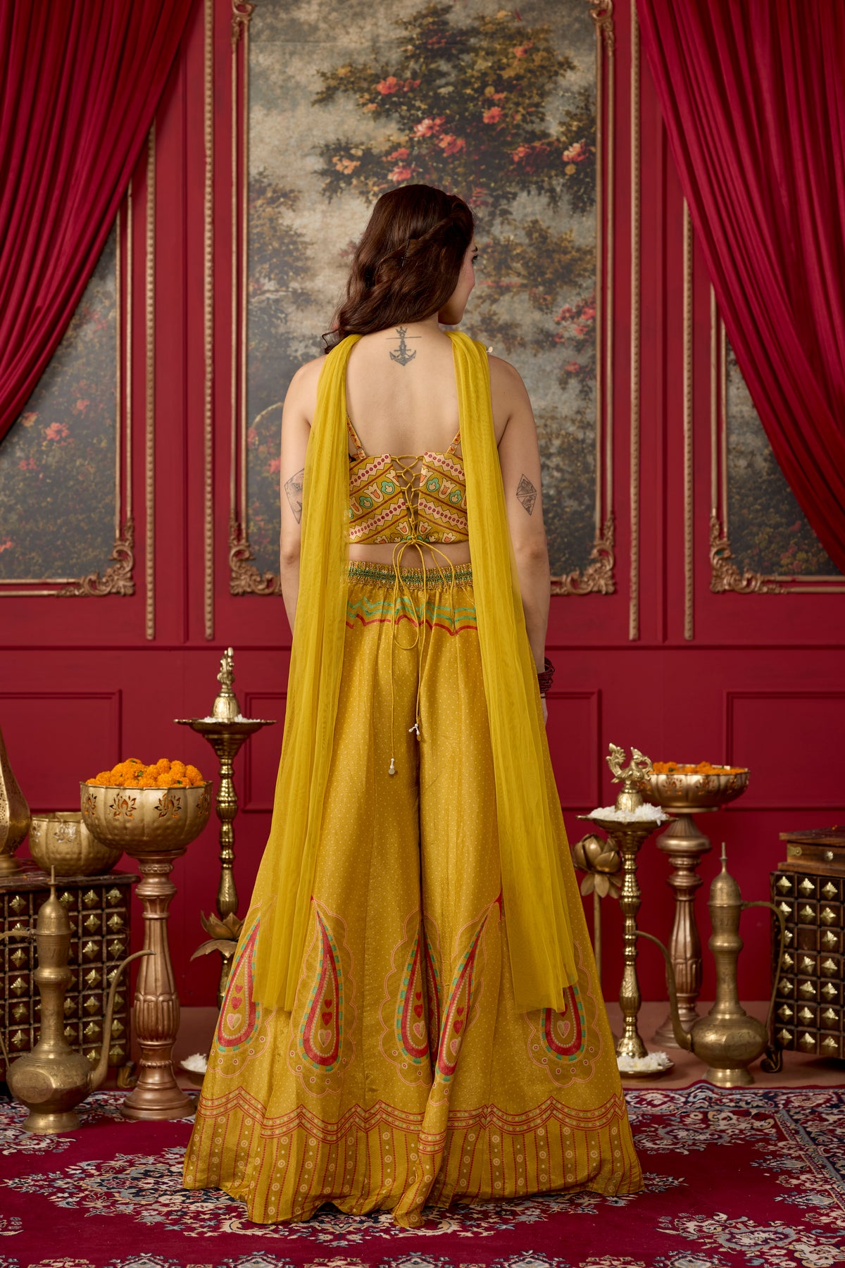 Sunshine Yellow Embellished Shimmer Silk Palazzo Set