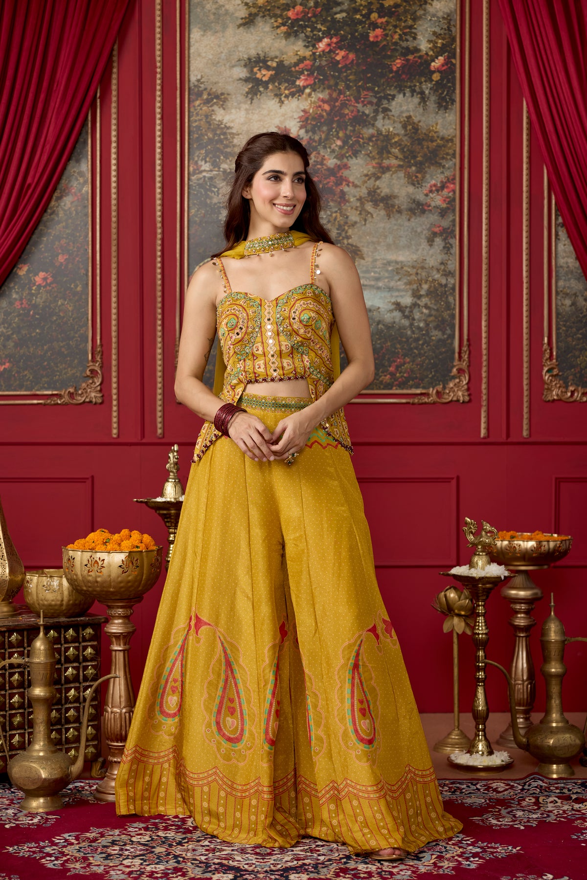 Sunshine Yellow Embellished Shimmer Silk Palazzo Set