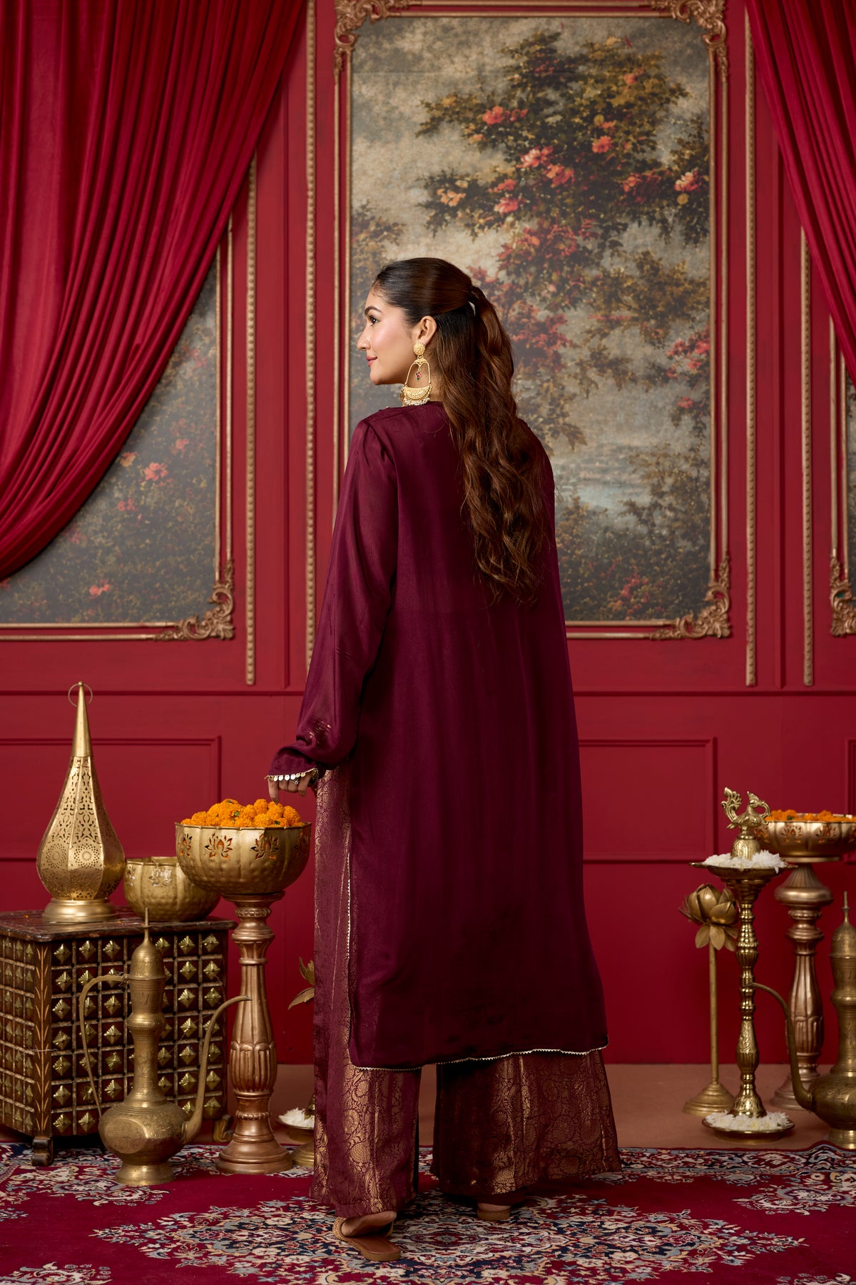 Deep Wine Embellished Brocade Silk Palazzo Set