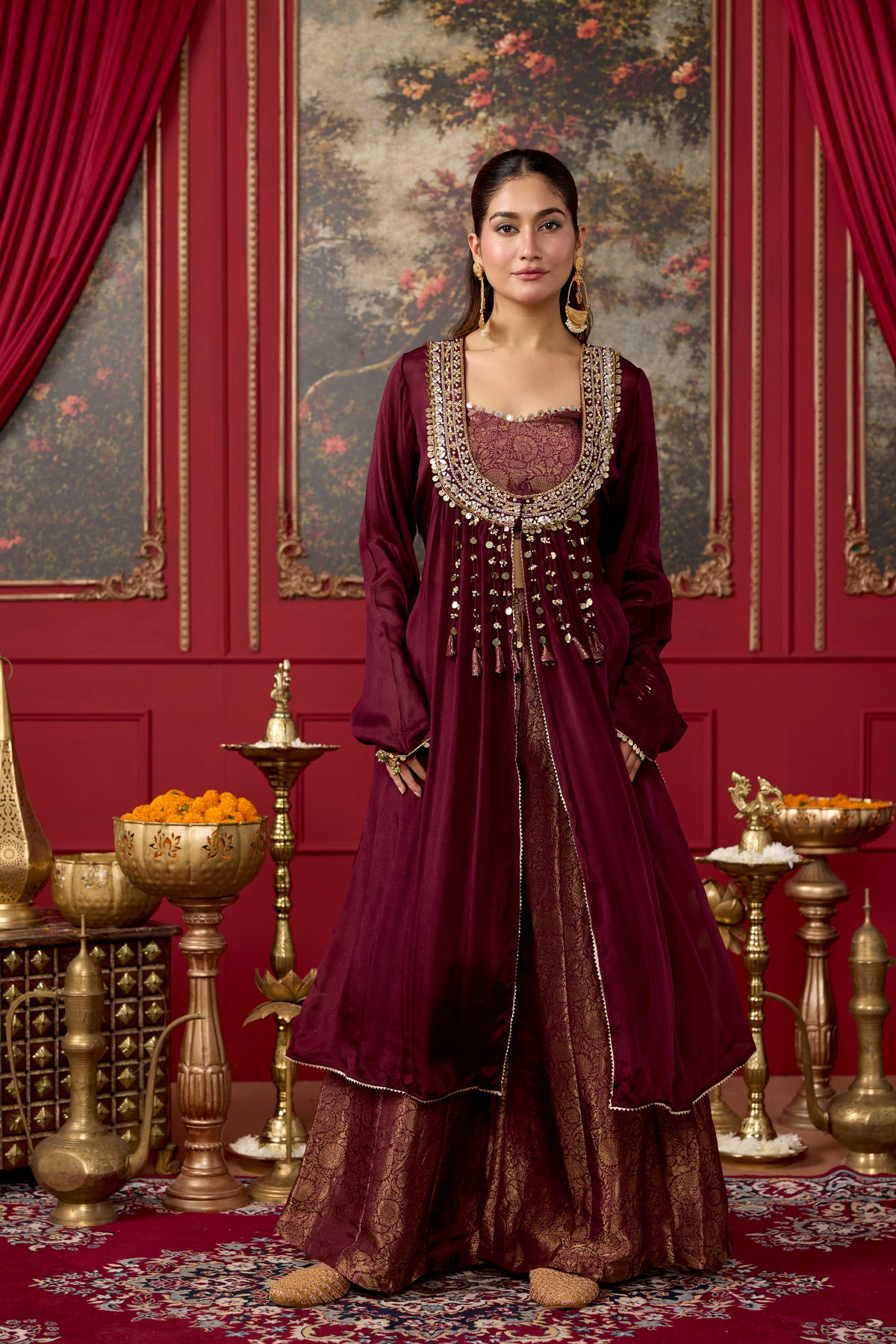 Deep Wine Embellished Brocade Silk Palazzo Set