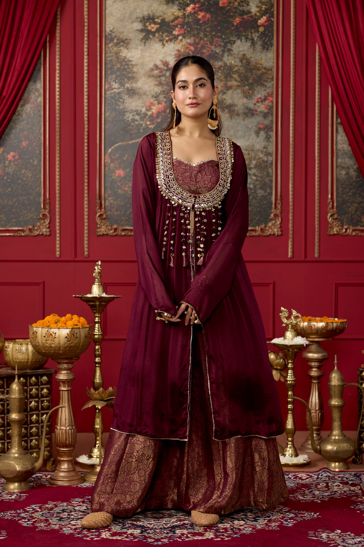 Deep Wine Embellished Brocade Silk Palazzo Set