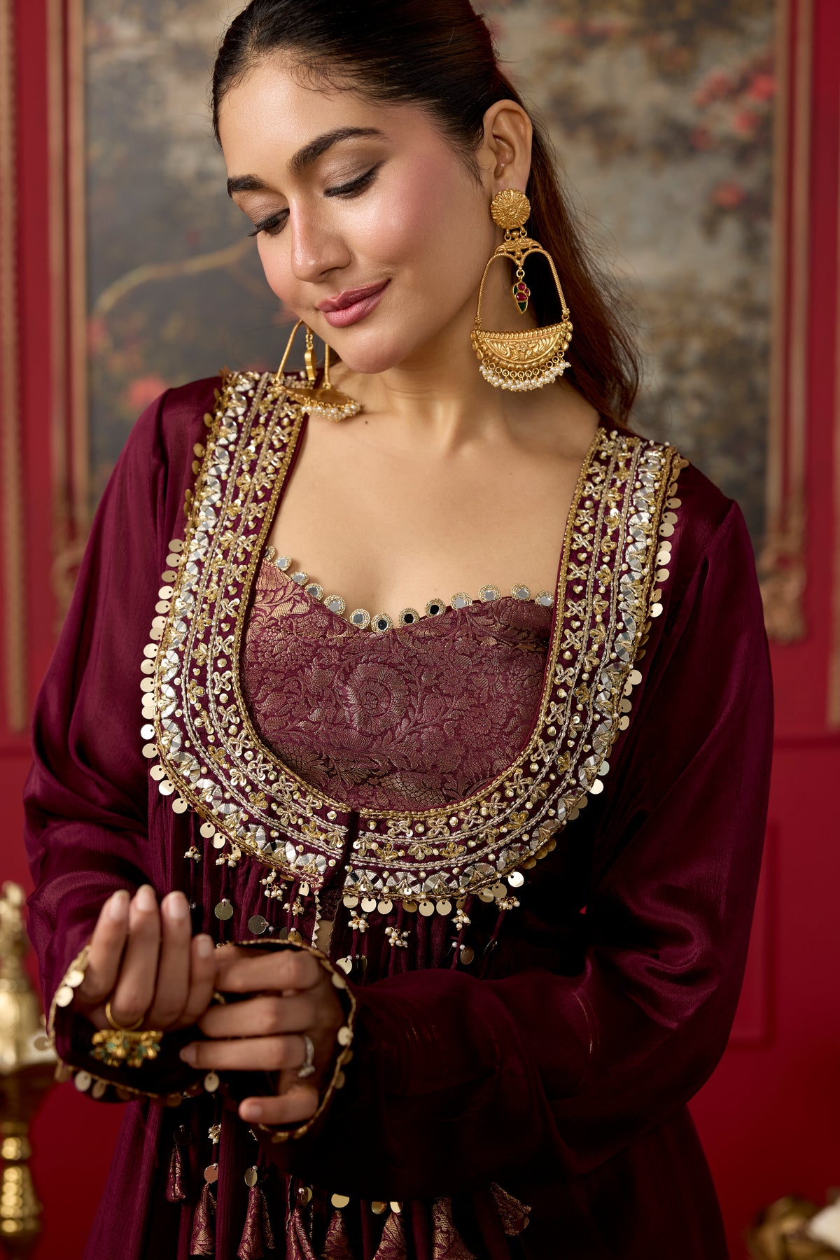 Deep Wine Embellished Brocade Silk Palazzo Set