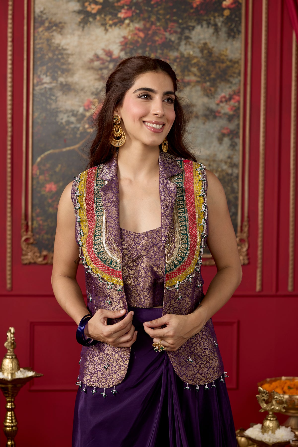 Regal Purple Embellished Crepe Silk Skirt Set