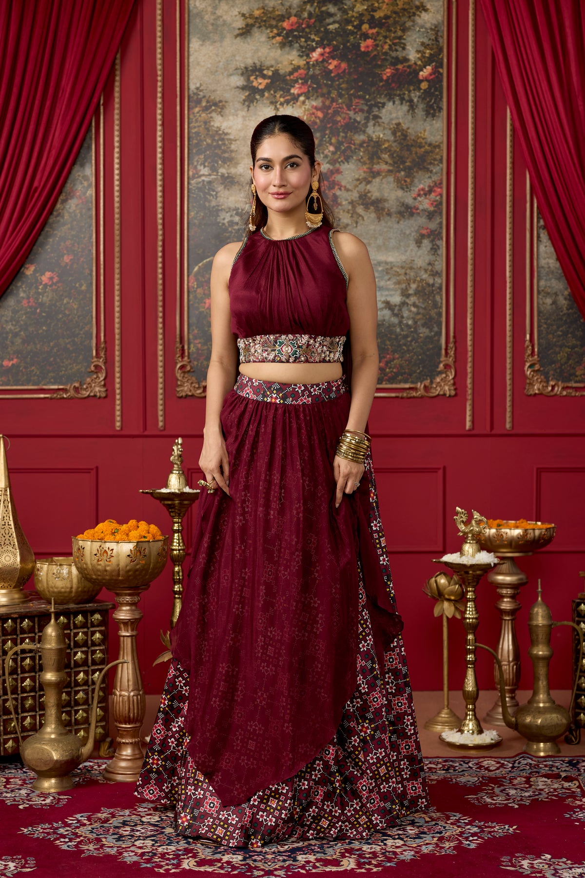 Deep Wine Embellished Chinon Silk Skirt Set