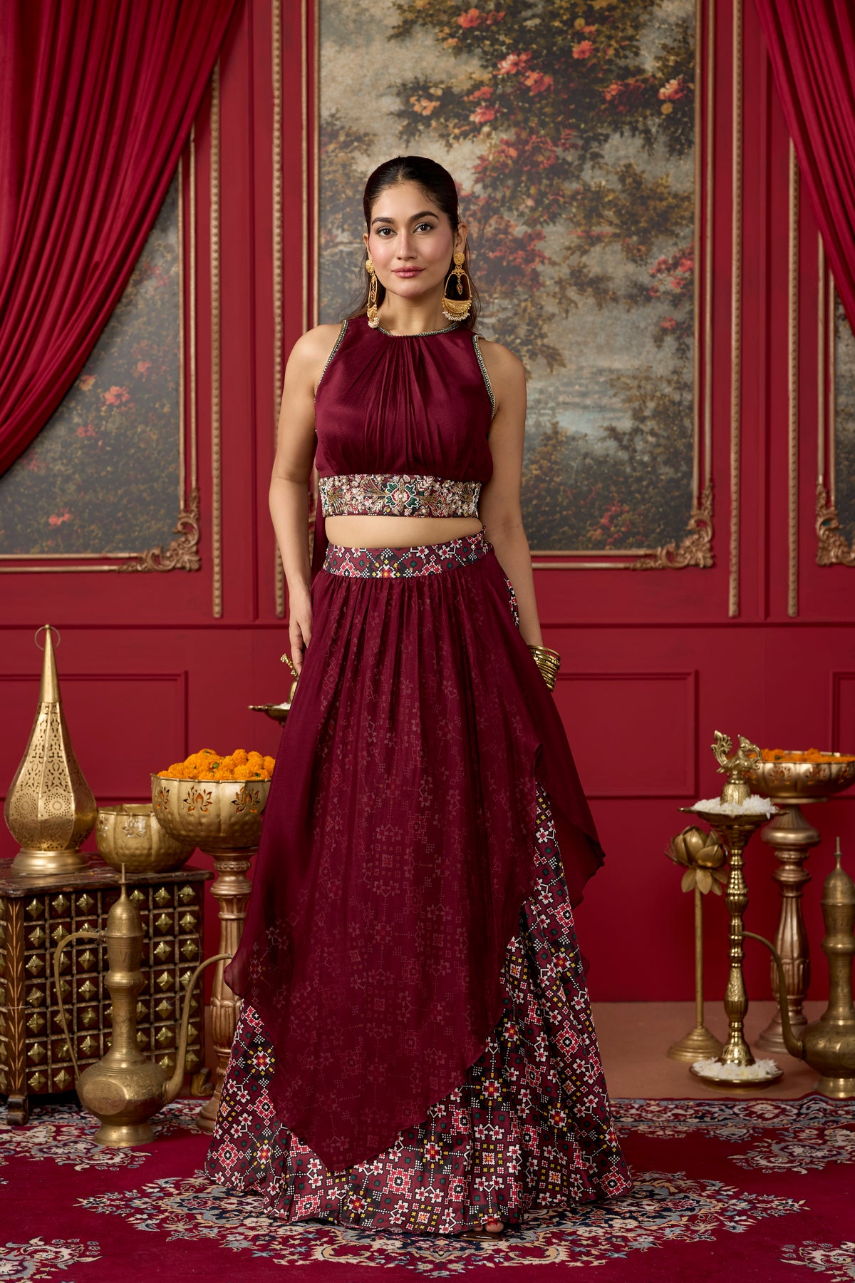 Deep Wine Embellished Chinon Silk Skirt Set