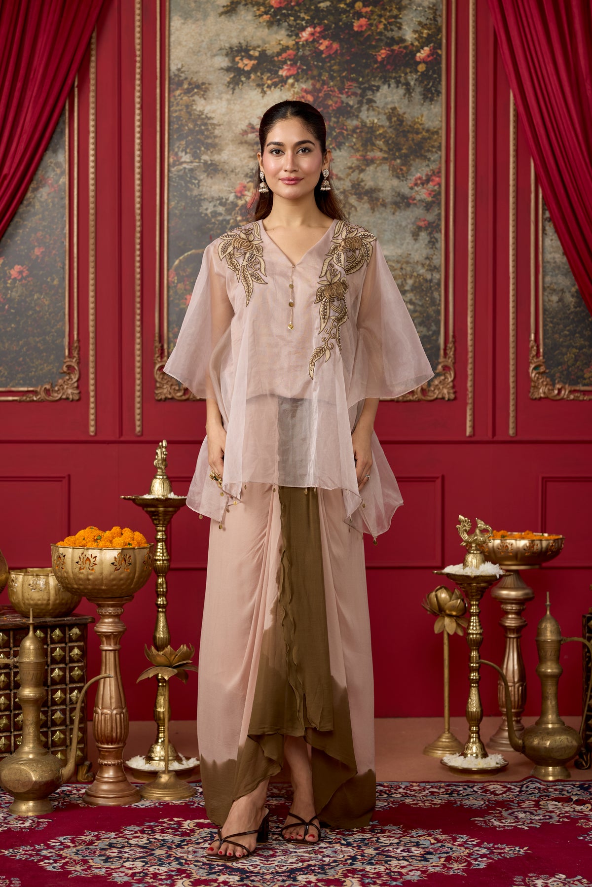 Nude Embroidered Organza Silk  Drape Skirt Set