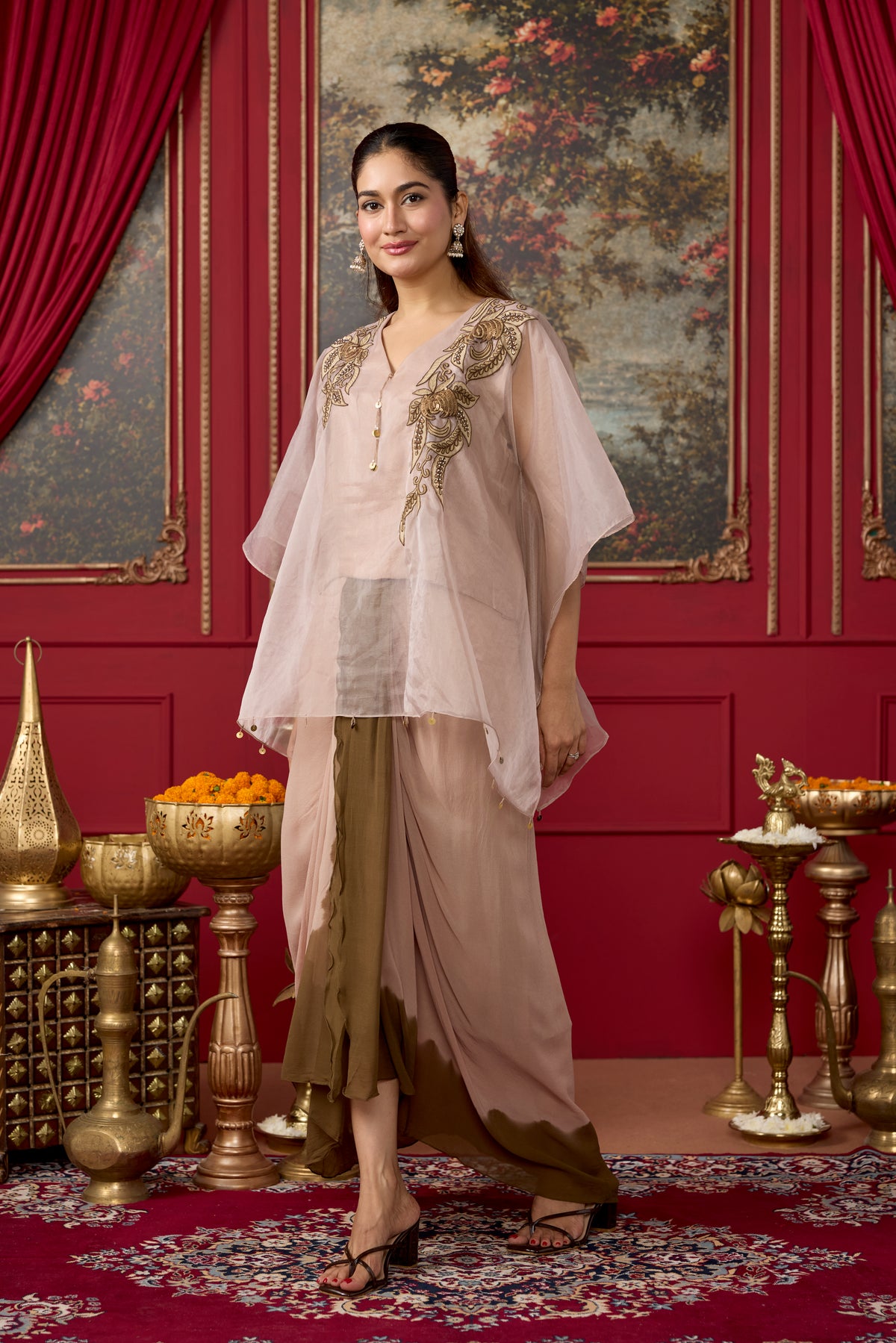 Nude Embroidered Organza Silk  Drape Skirt Set