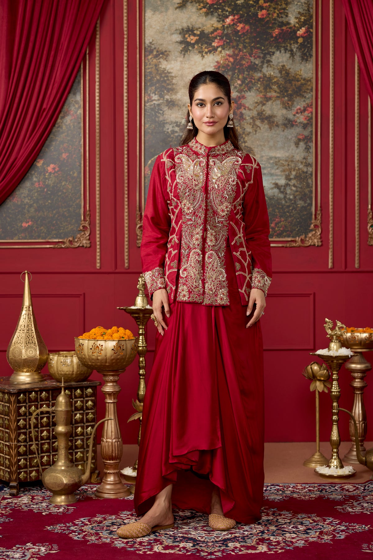 Deep Red Embellished Raw Silk Skirt Set