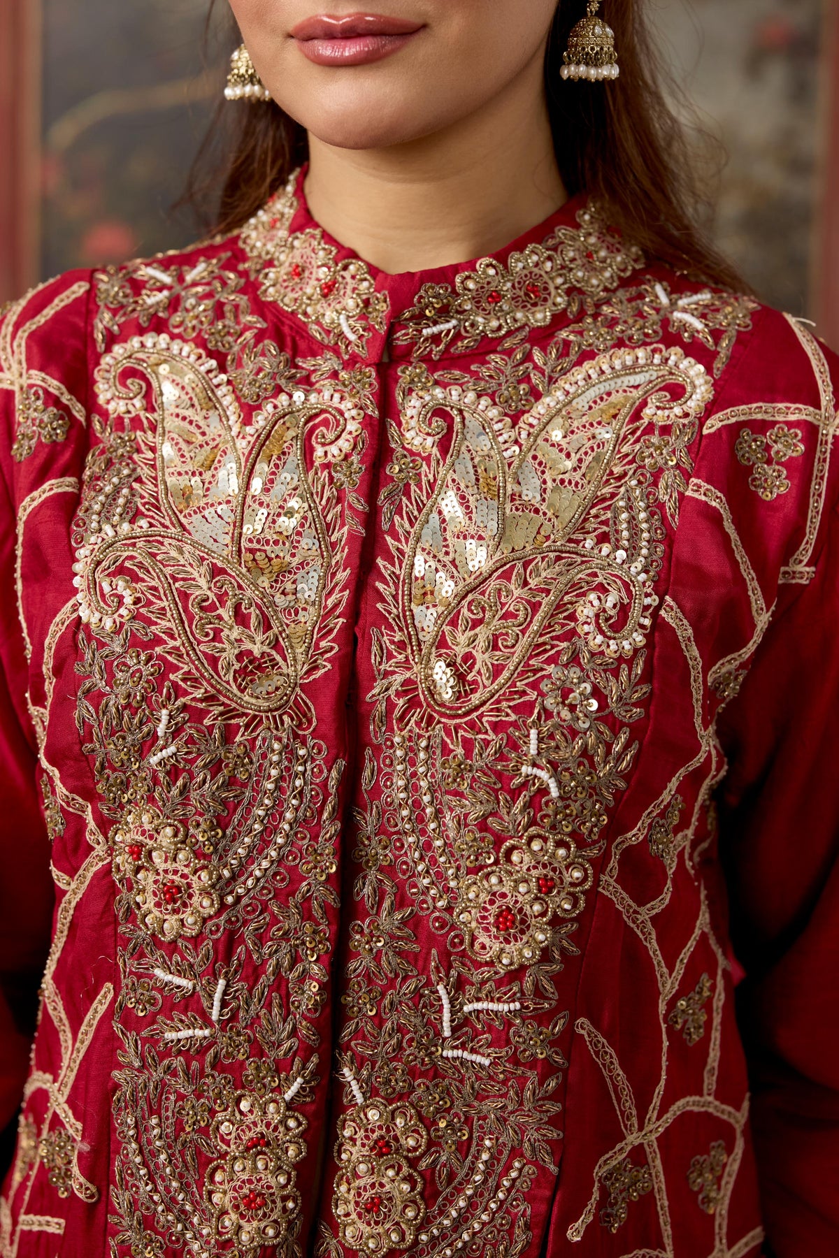Deep Red Embellished Raw Silk Skirt Set