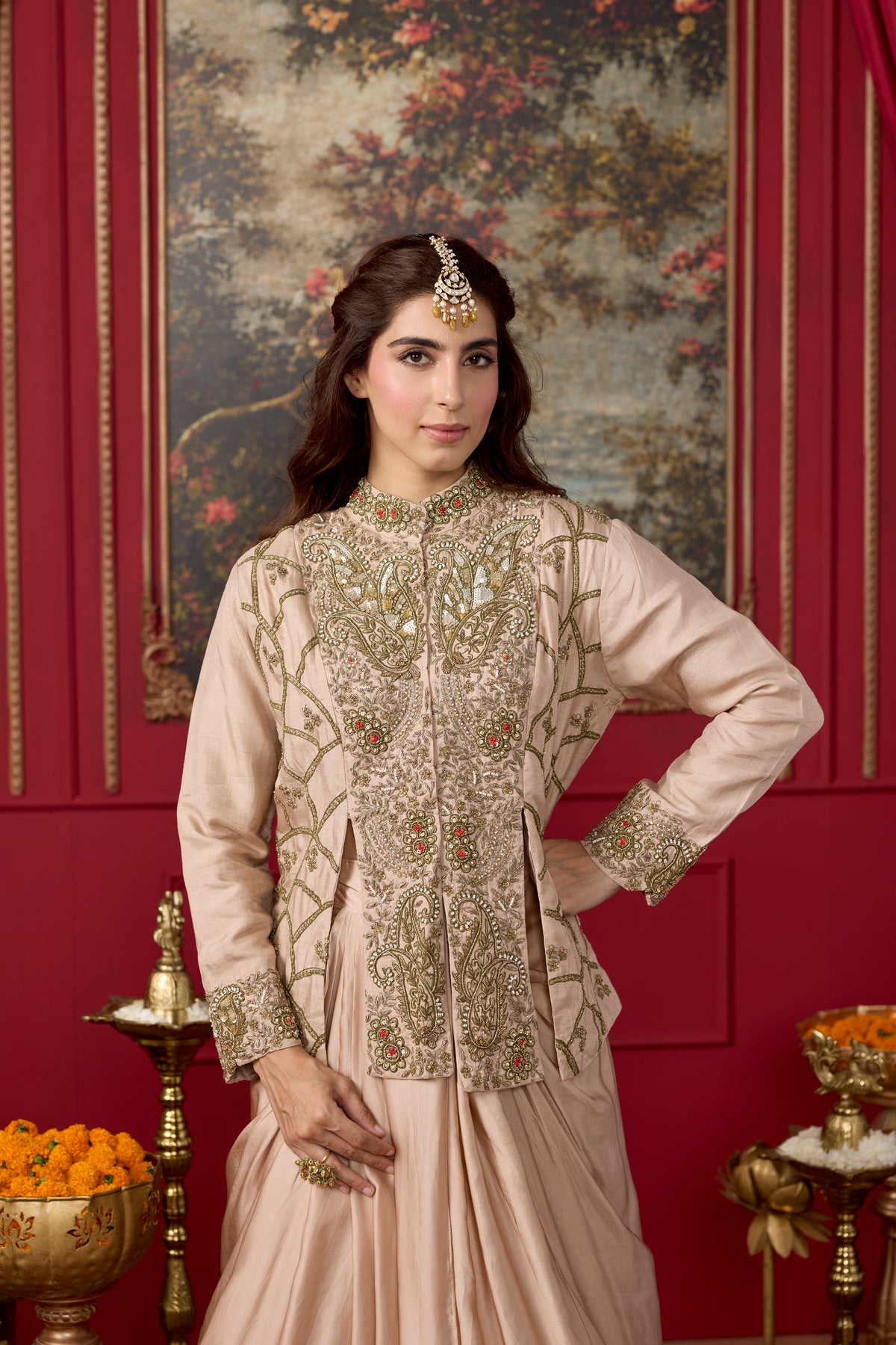Blush Champagne Embellished Raw Silk Skirt Set