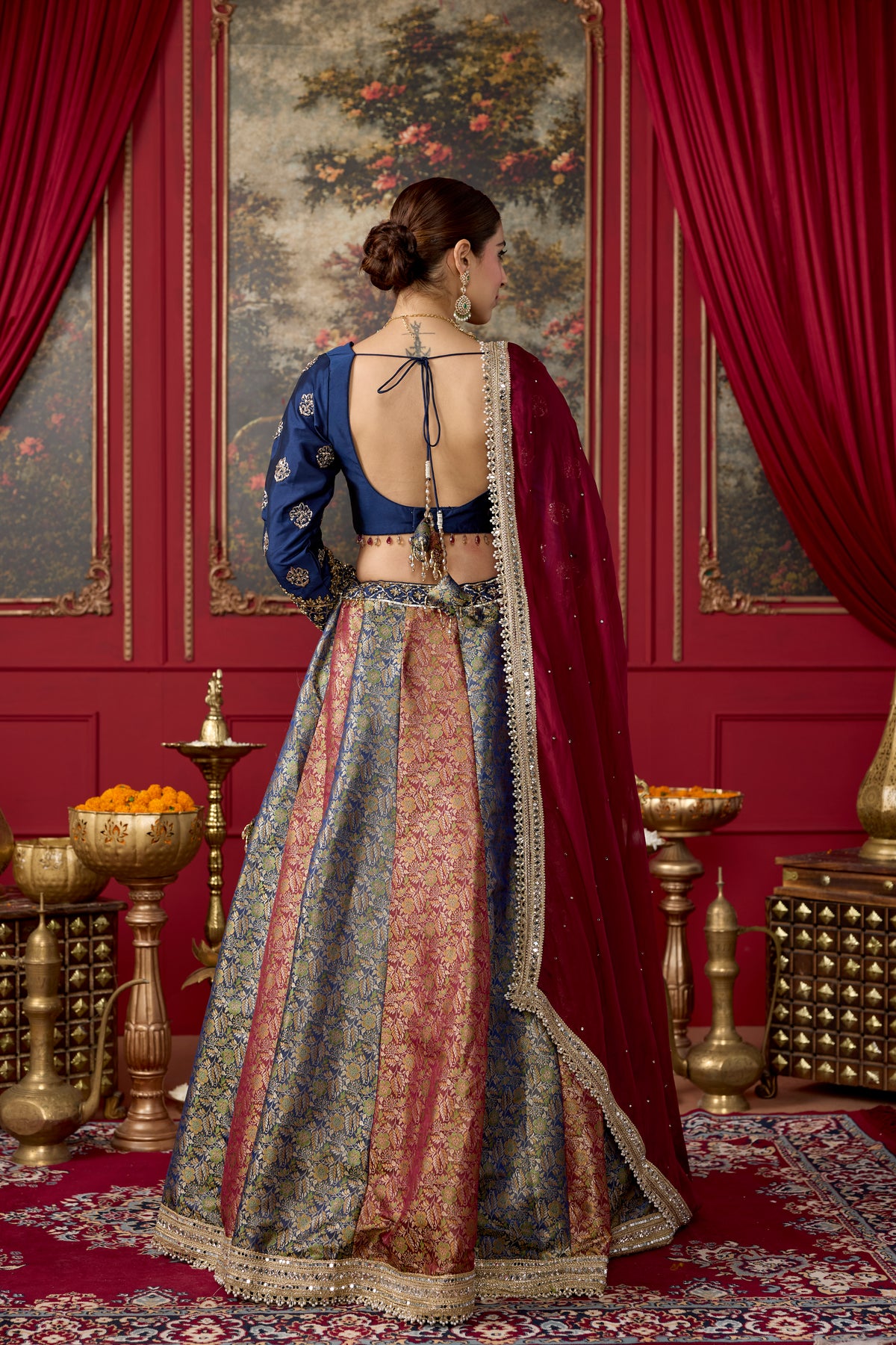 Navy Maroon Embellished Banarasi Brocade Silk Lehenga Set