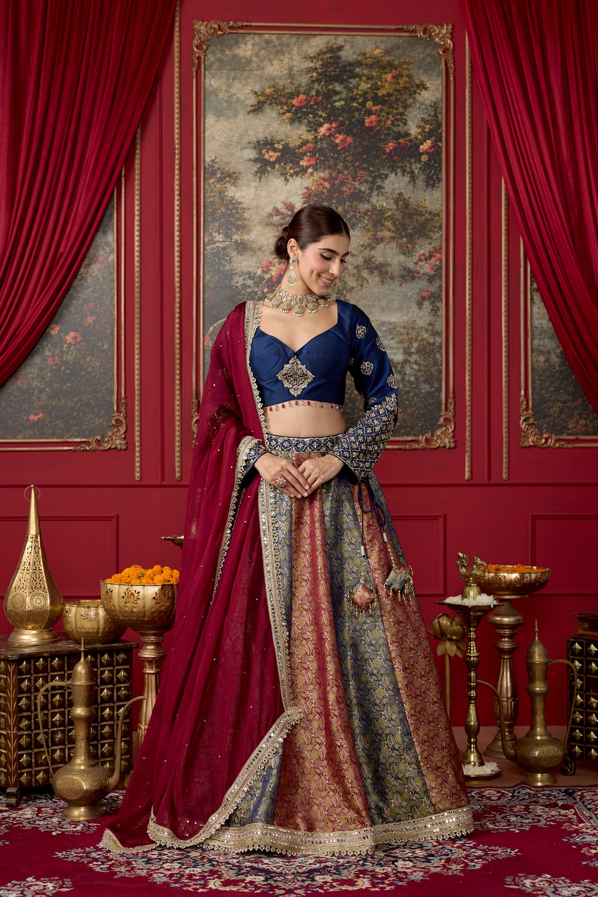 Navy Maroon Embellished Banarasi Brocade Silk Lehenga Set