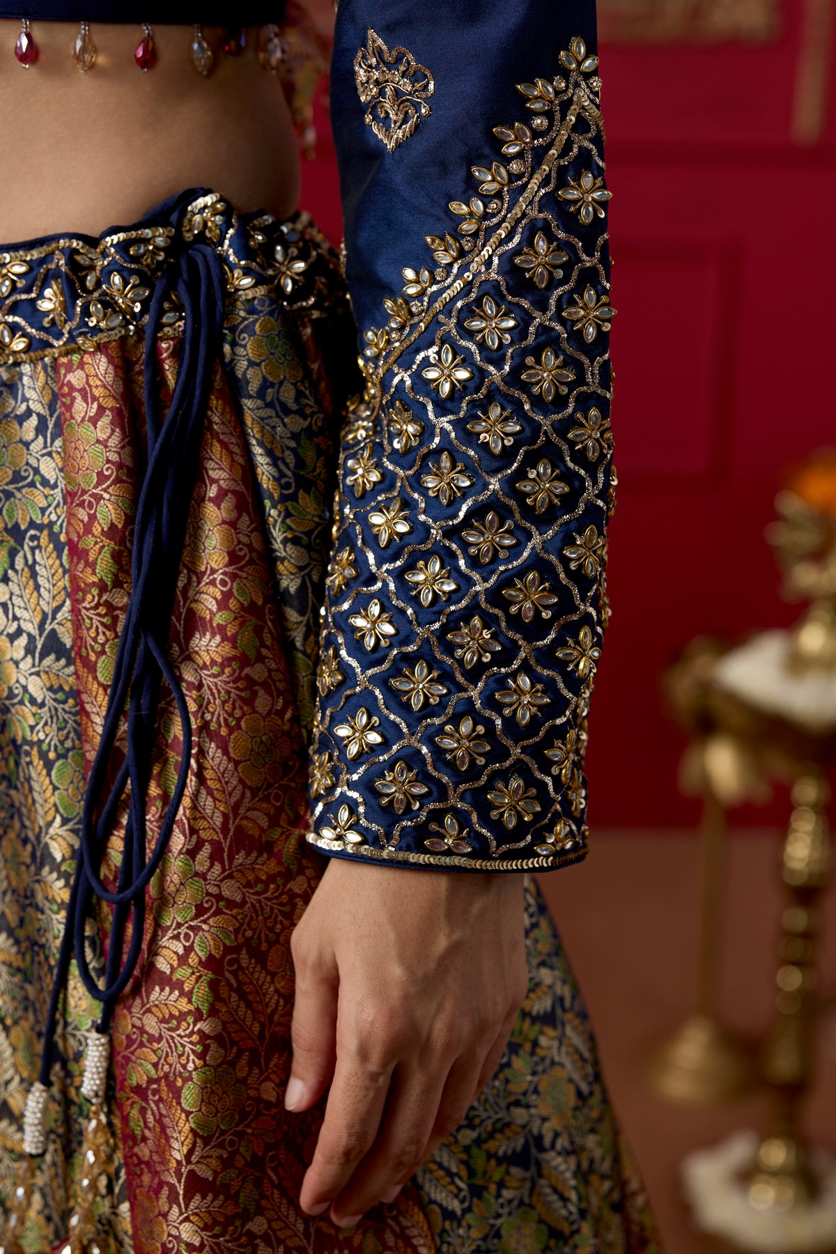 Navy Maroon Embellished Banarasi Brocade Silk Lehenga Set