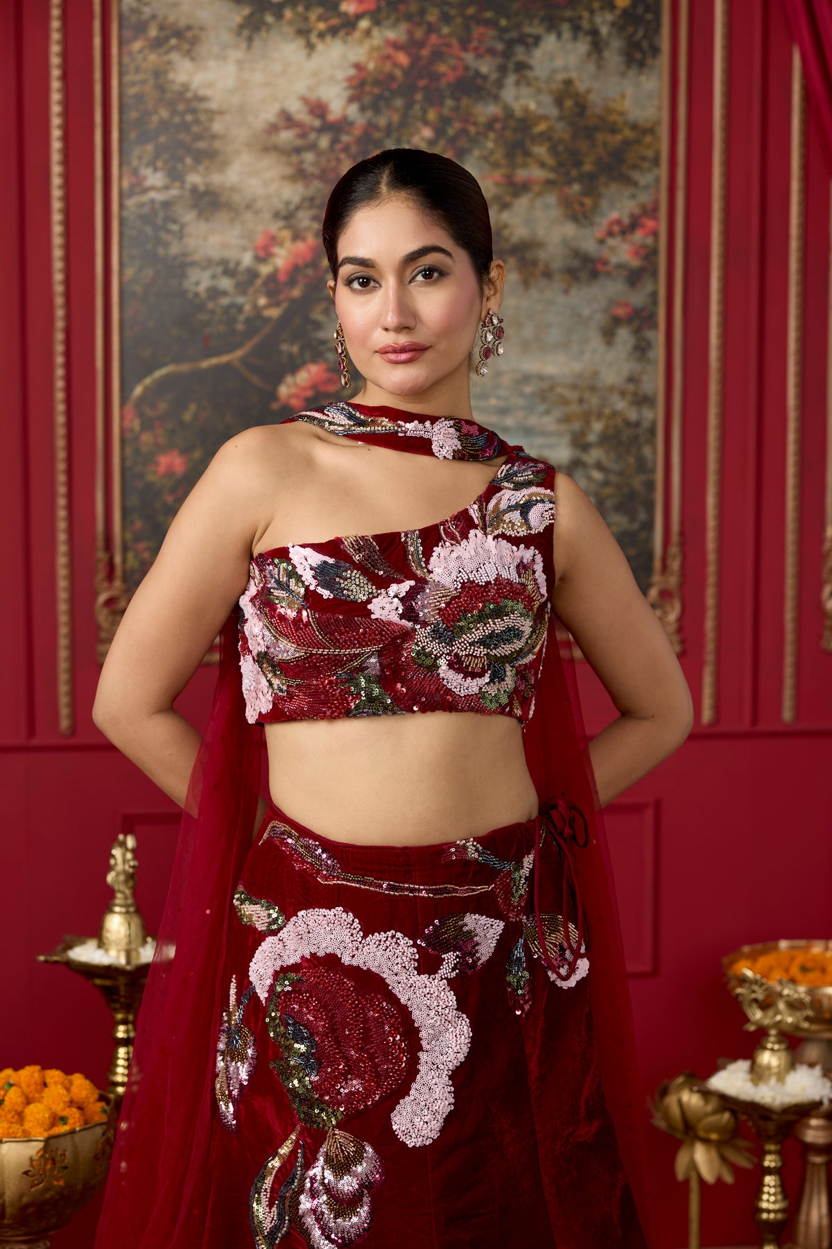Deep Maroon Embellished Velvet Lehenga Set