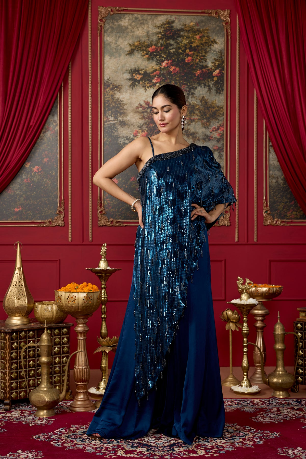 Peacock Blue Embellished Crepe Satin Silk Palazzo Set