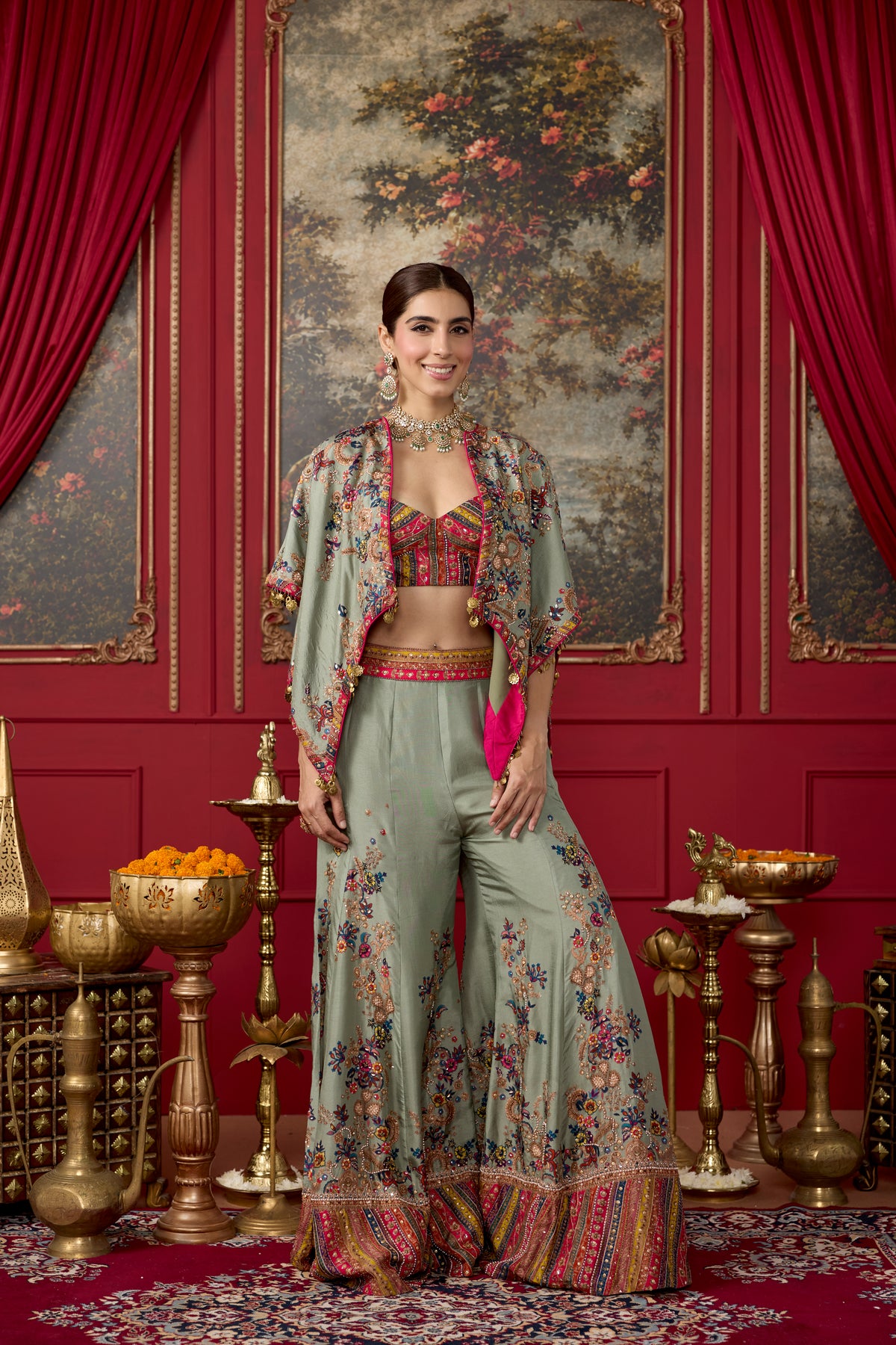Sage Green Embellished Raw Silk Palazzo Set