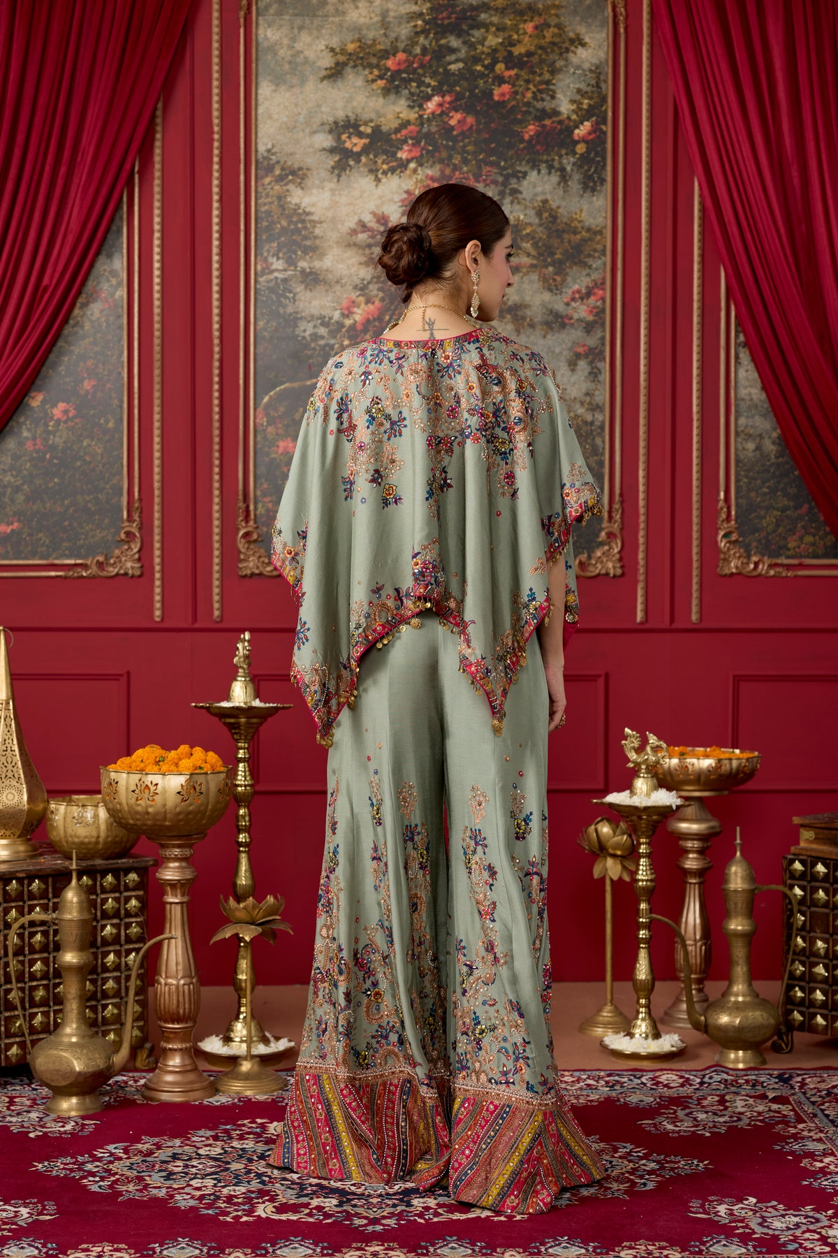 Sage Green Embellished Raw Silk Palazzo Set