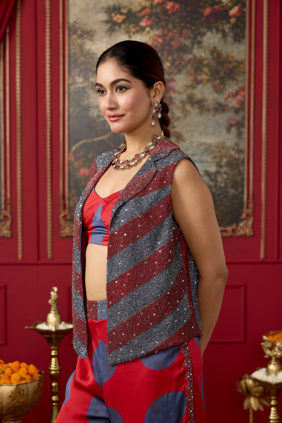 Crimson Red Embellished Crepe Satin Silk Palazzo Set